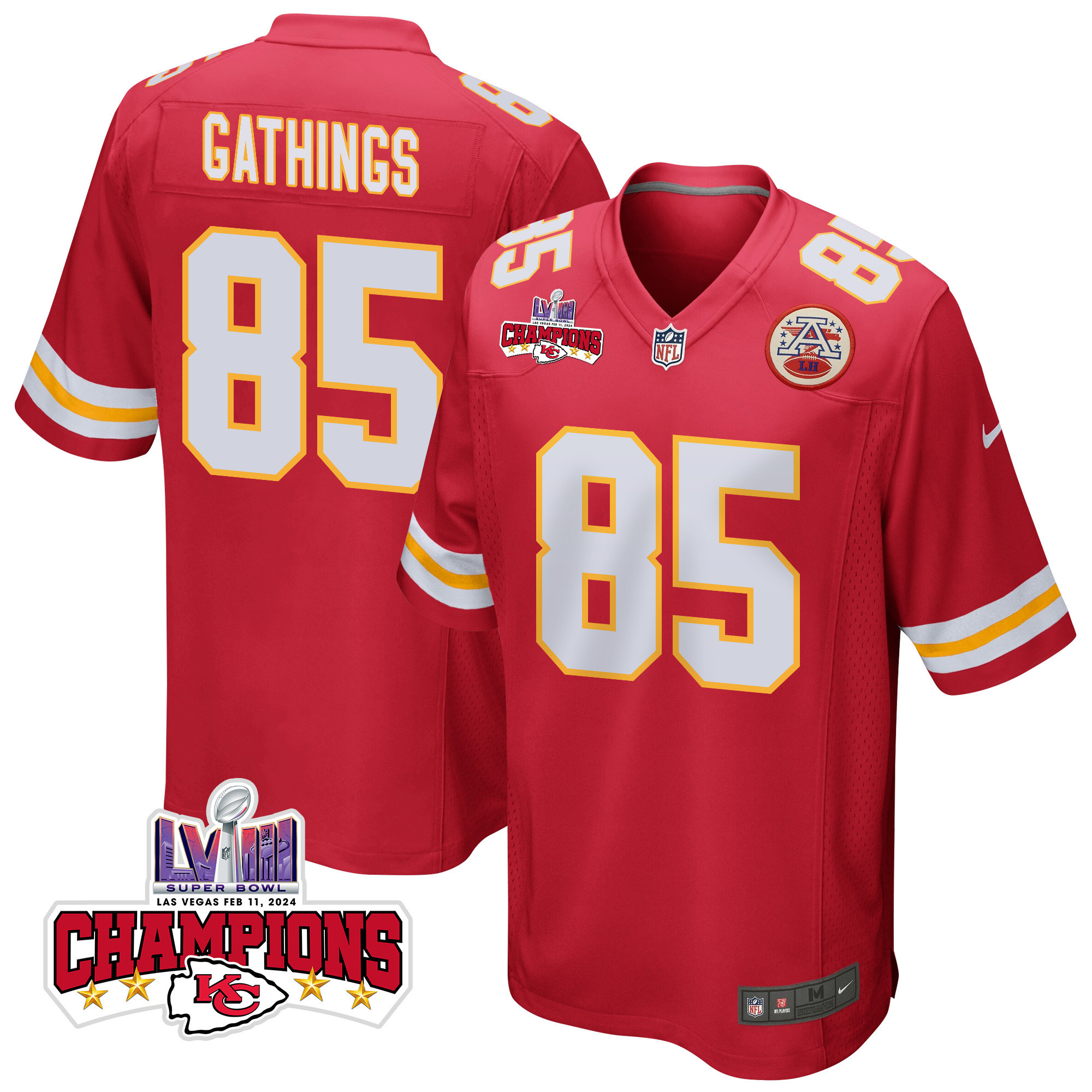 Izaiah Gathings 85 Kansas City Chiefs Super Bowl LVIII Champions 4 Stars Patch Game Men Jersey - Red JS2443 Saliibo