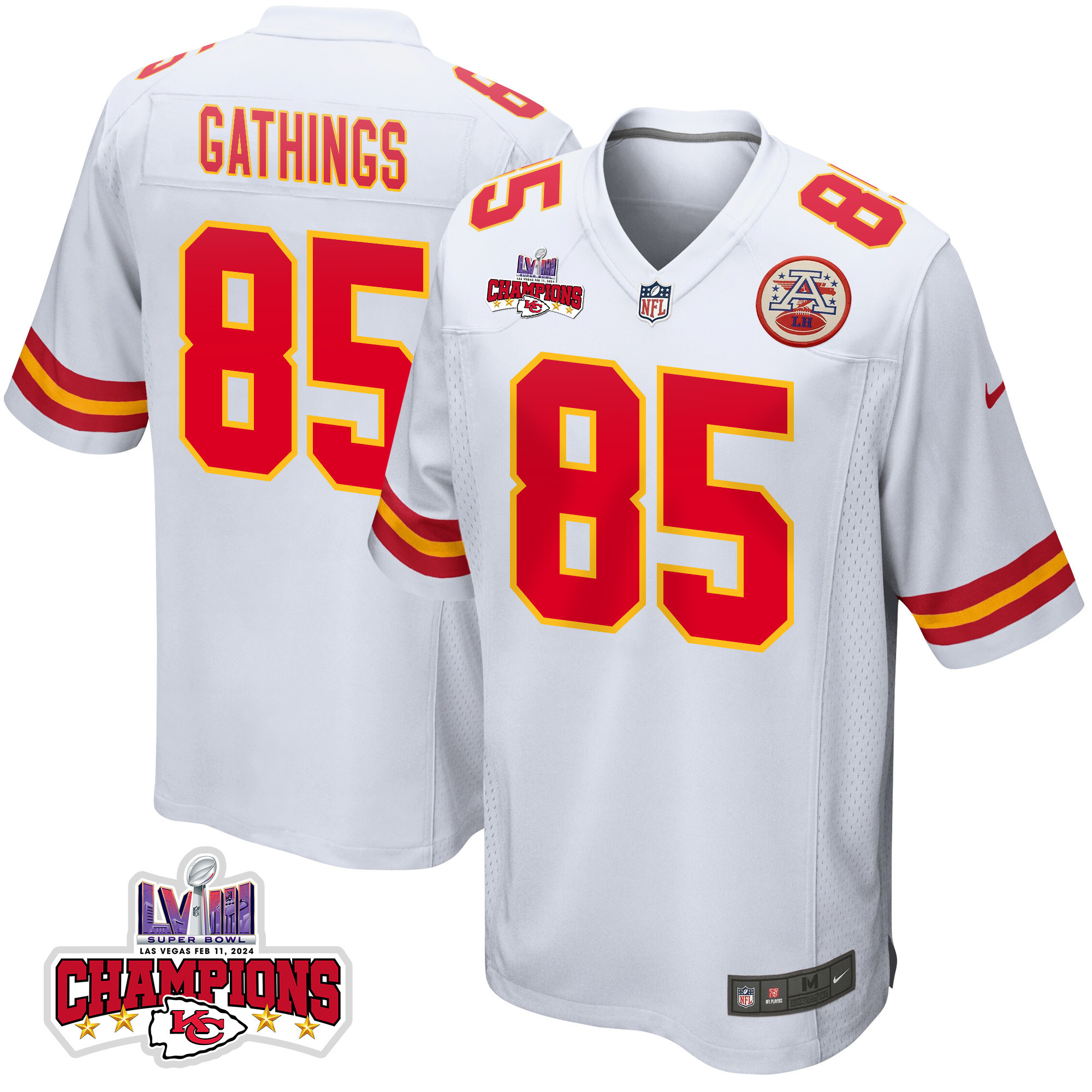 Izaiah Gathings 85 Kansas City Chiefs Super Bowl LVIII Champions 4 Stars Patch Game Men Jersey - White JS7137 Saliibo