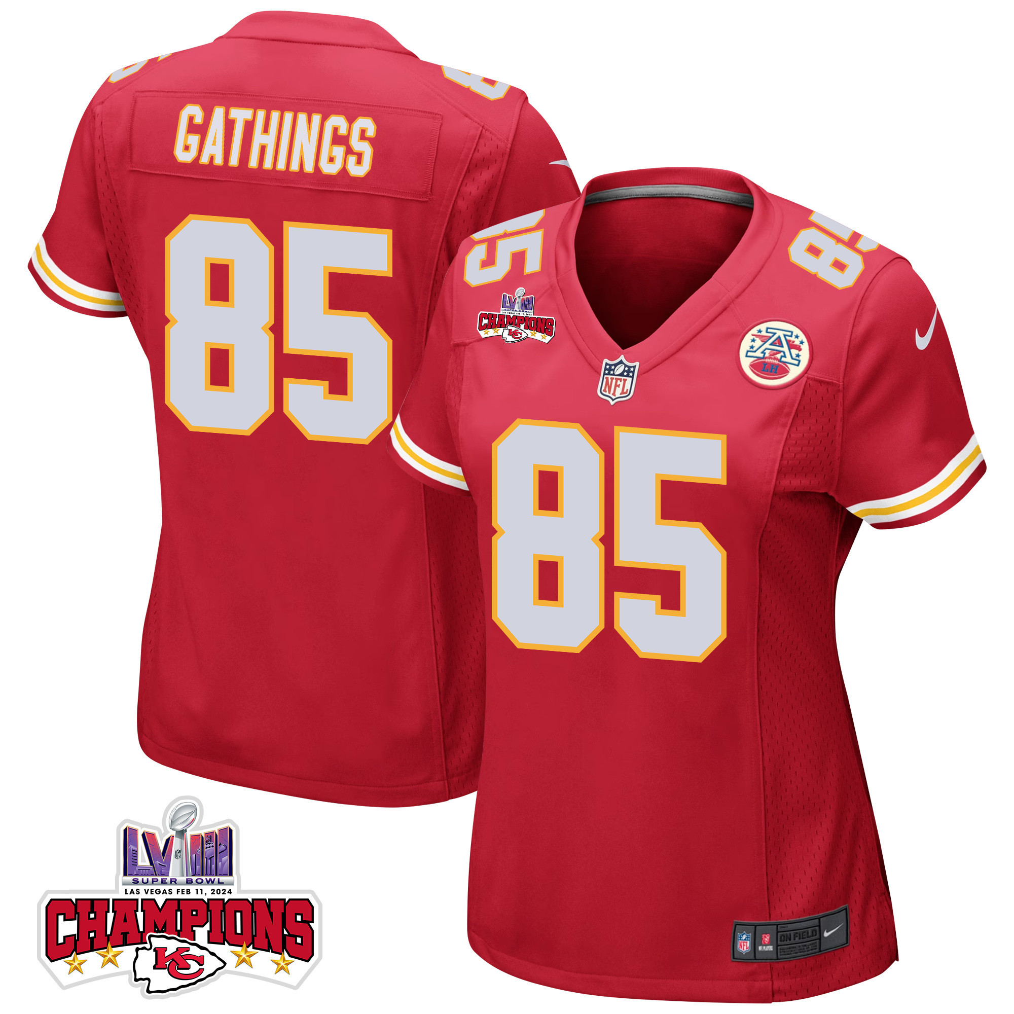Izaiah Gathings 85 Kansas City Chiefs Super Bowl LVIII Champions 4 Stars Patch Game Women Jersey - Red JS2684 Saliibo