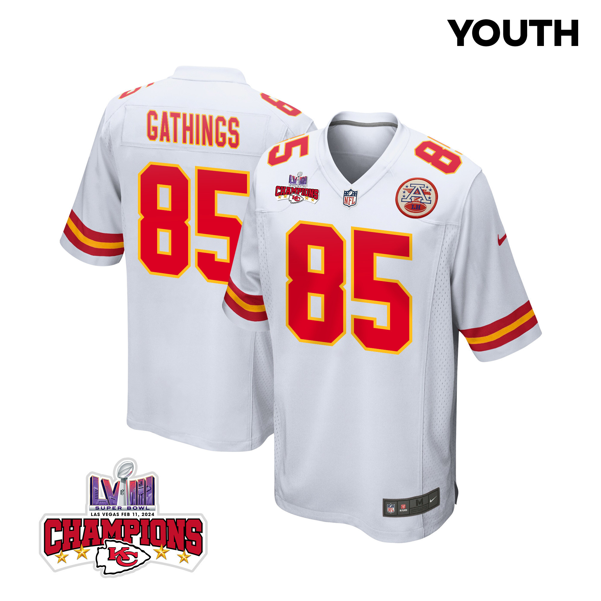 Izaiah Gathings 85 Kansas City Chiefs Super Bowl LVIII Champions 4 Stars Patch Game YOUTH Jersey - White JS1416 Saliibo