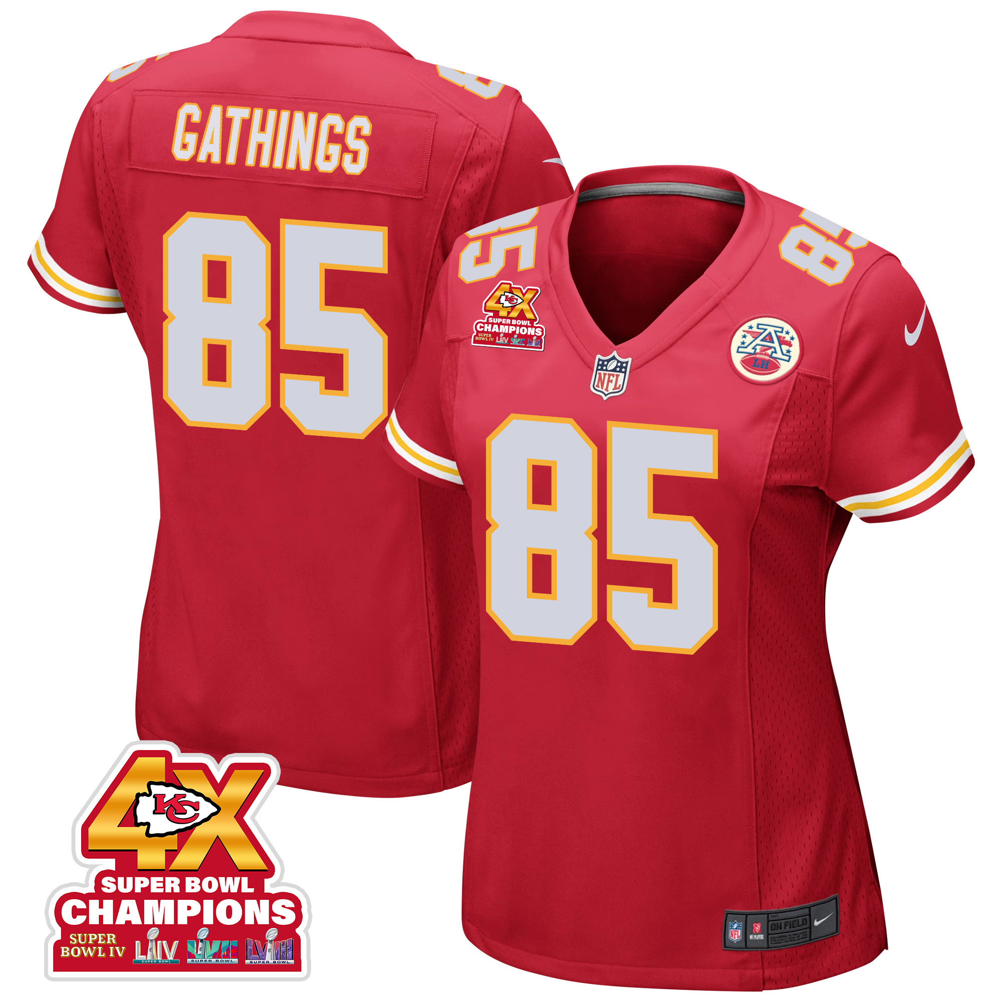 Izaiah Gathings 85 Kansas City Chiefs Super Bowl LVIII Champions 4X Game Women Jersey - Red JS1760 Saliibo