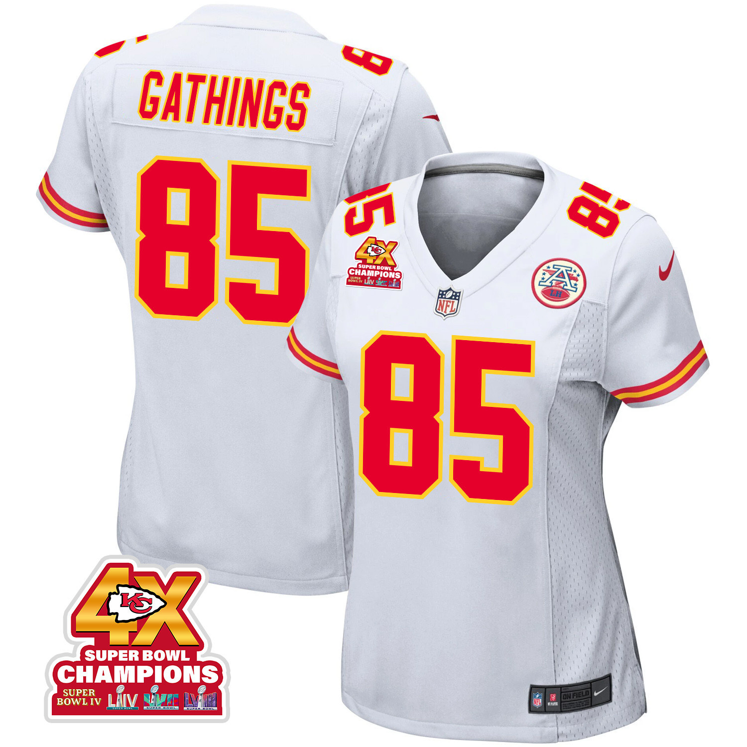 Izaiah Gathings 85 Kansas City Chiefs Super Bowl LVIII Champions 4X Game Women Jersey - White JS2081 Saliibo