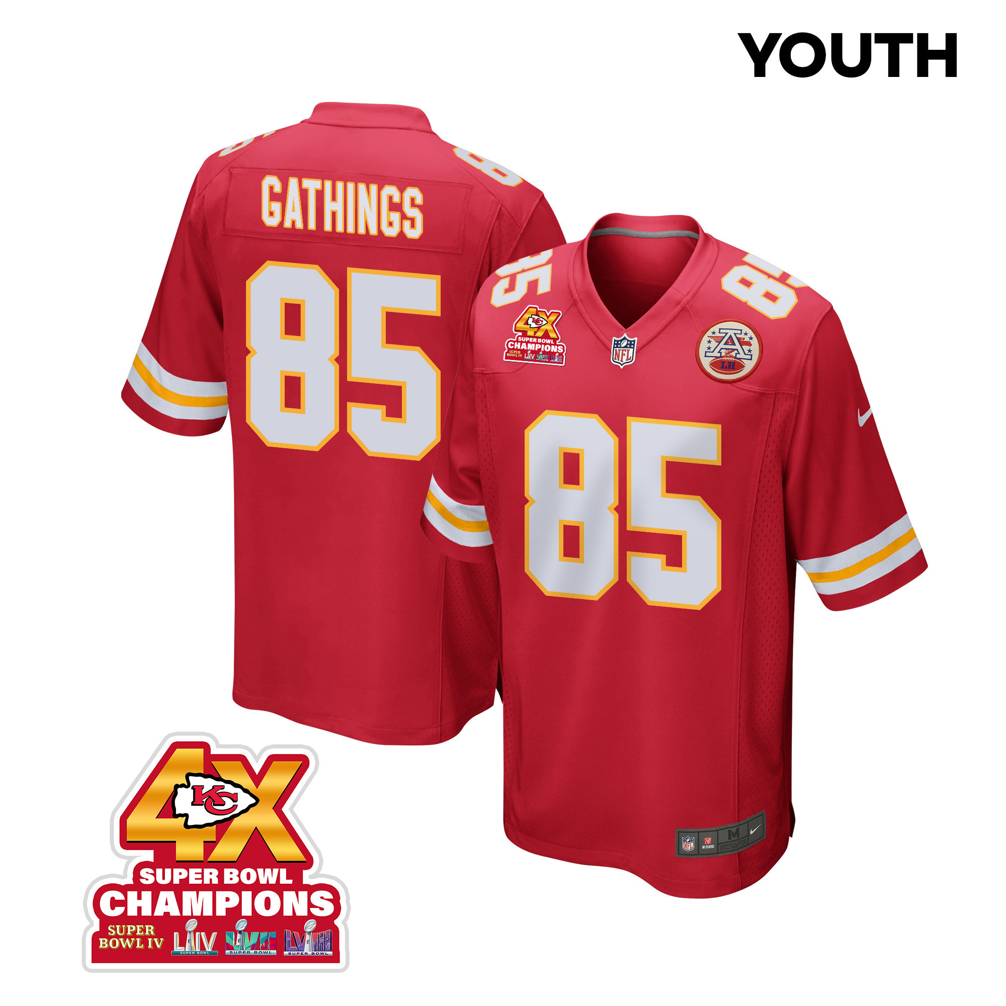 Izaiah Gathings 85 Kansas City Chiefs Super Bowl LVIII Champions 4X Game YOUTH Jersey - Red JS3127 Saliibo