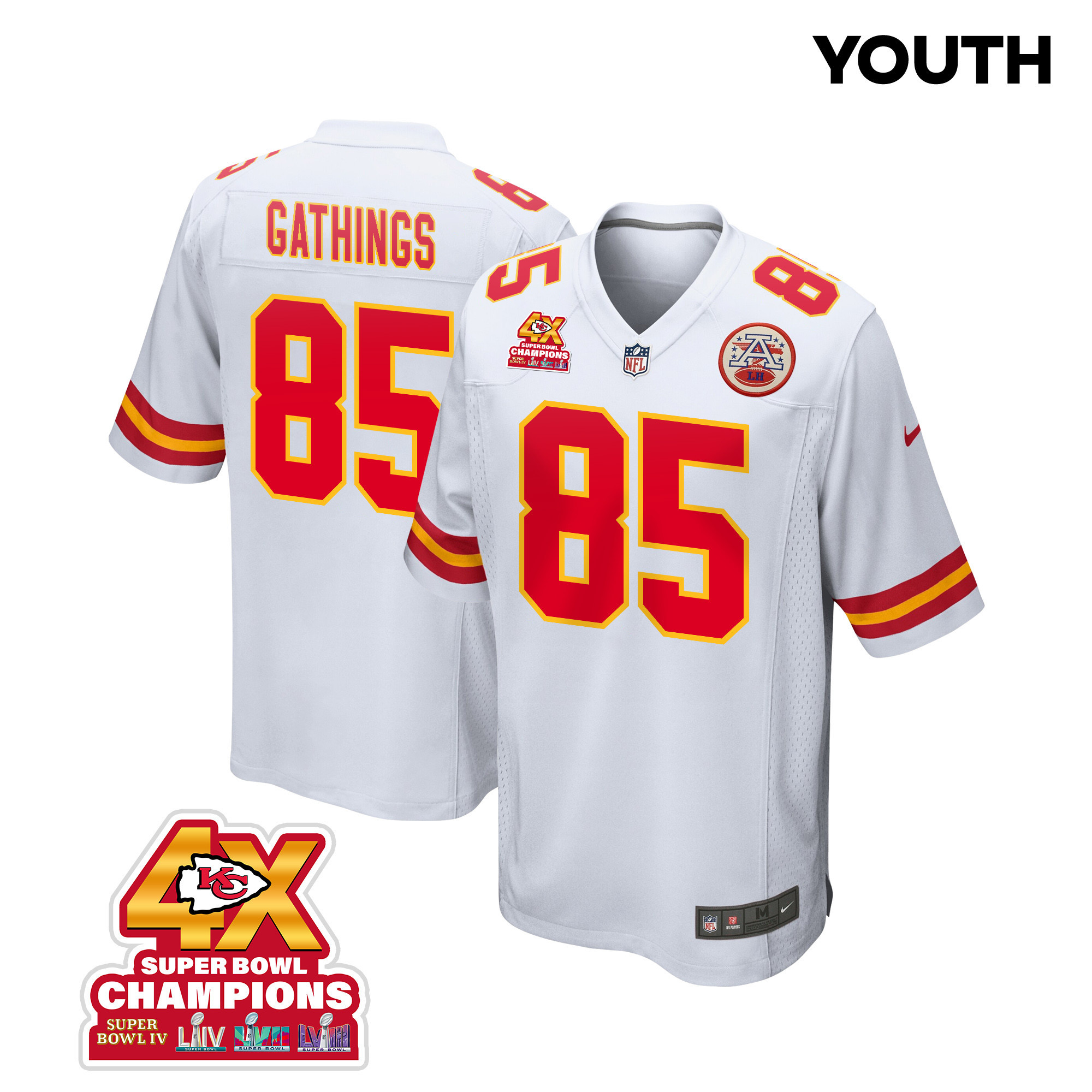 Izaiah Gathings 85 Kansas City Chiefs Super Bowl LVIII Champions 4X Game YOUTH Jersey - White JS5255 Saliibo