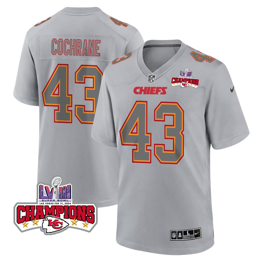 Jack Cochrane 43 Kansas City Chiefs Super Bowl LVIII Champions 4 Stars Patch Atmosphere Fashion Game Men Jersey - Gray JS1685 Saliibo