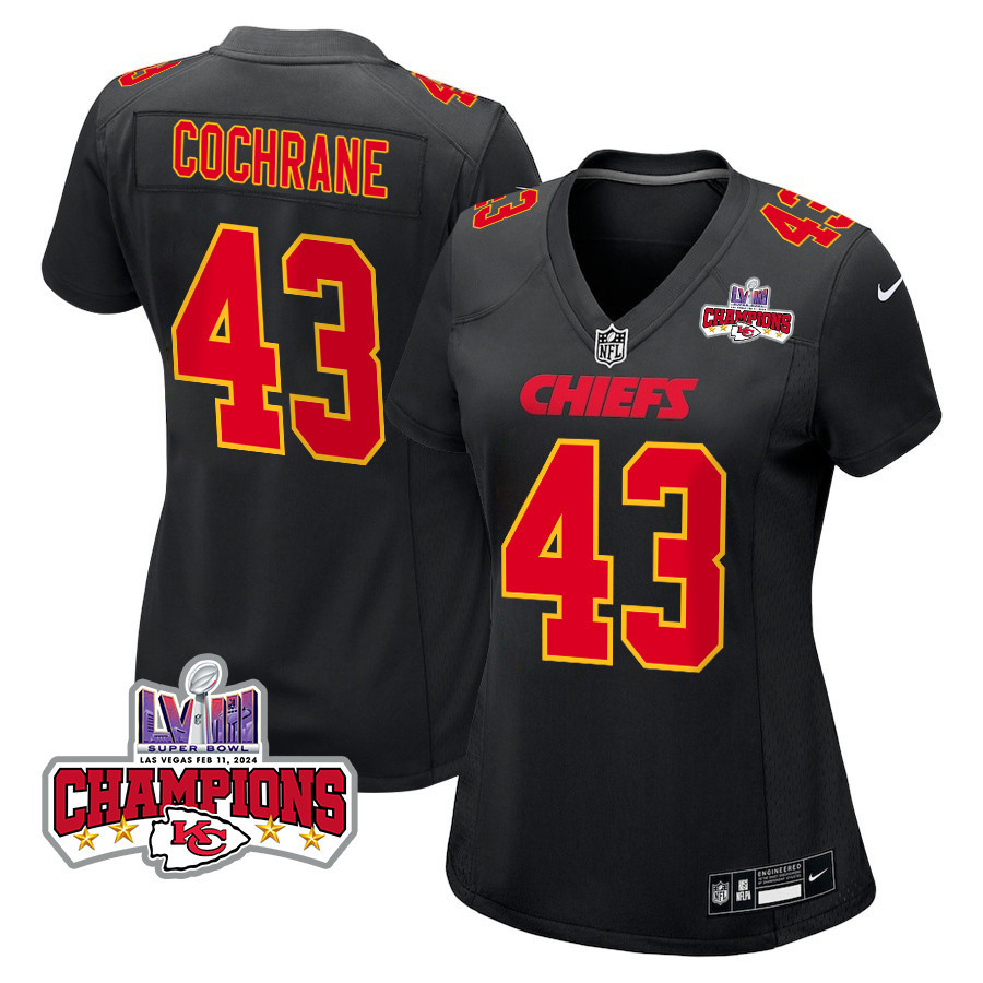 Jack Cochrane 43 Kansas City Chiefs Super Bowl LVIII Champions 4 Stars Patch Fashion Game Women Jersey - Carbon Black JS9238 Saliibo