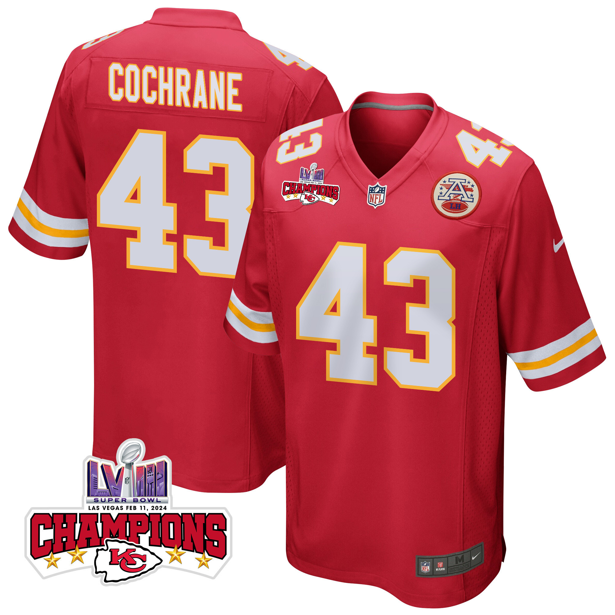 Jack Cochrane 43 Kansas City Chiefs Super Bowl LVIII Champions 4 Stars Patch Game Men Jersey - Red JS6226 Saliibo