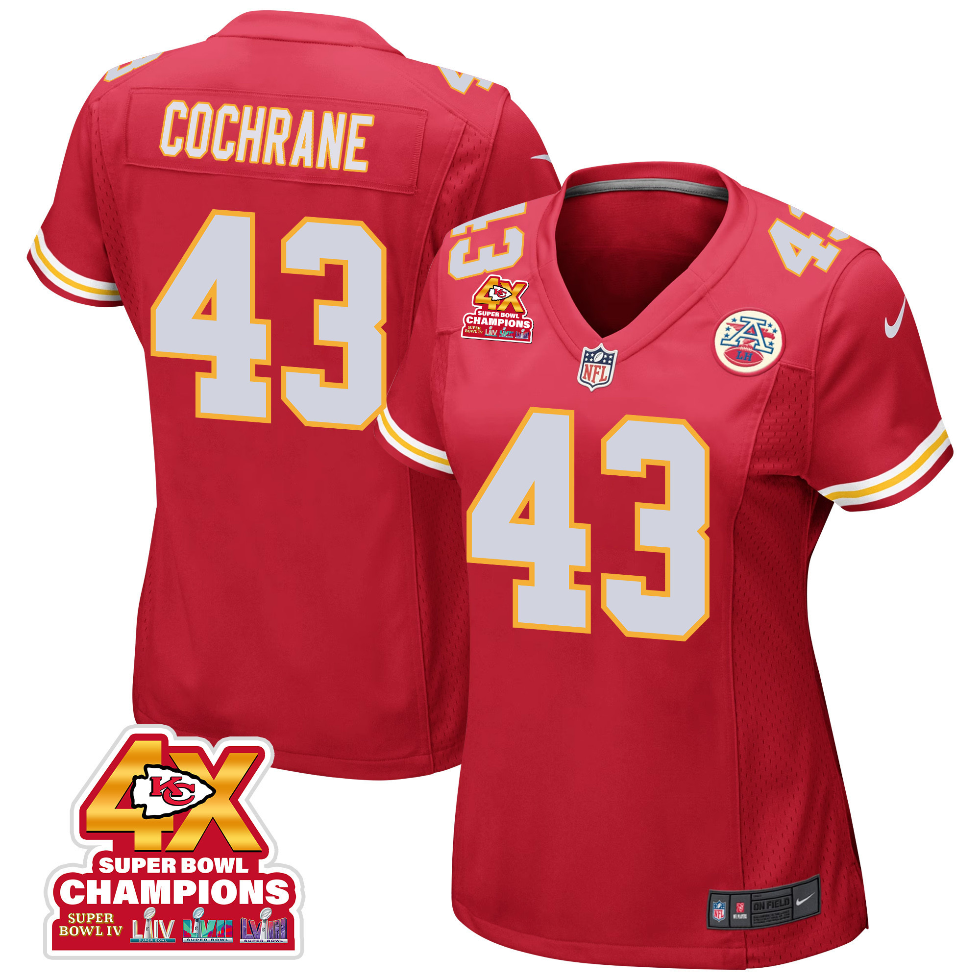 Jack Cochrane 43 Kansas City Chiefs Super Bowl LVIII Champions 4X Game Women Jersey - Red JS4857 Saliibo