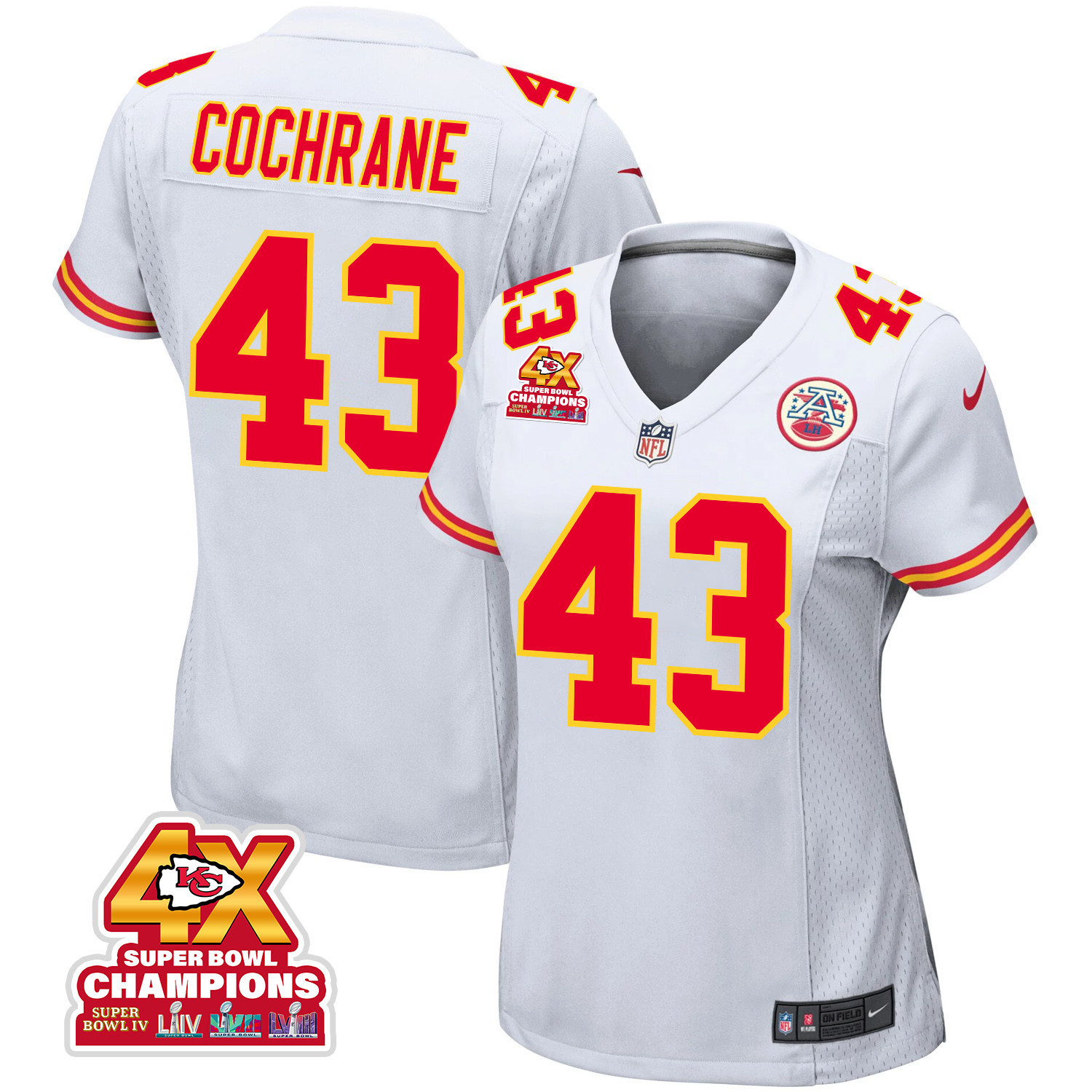 Jack Cochrane 43 Kansas City Chiefs Super Bowl LVIII Champions 4X Game Women Jersey - White JS9834 Saliibo