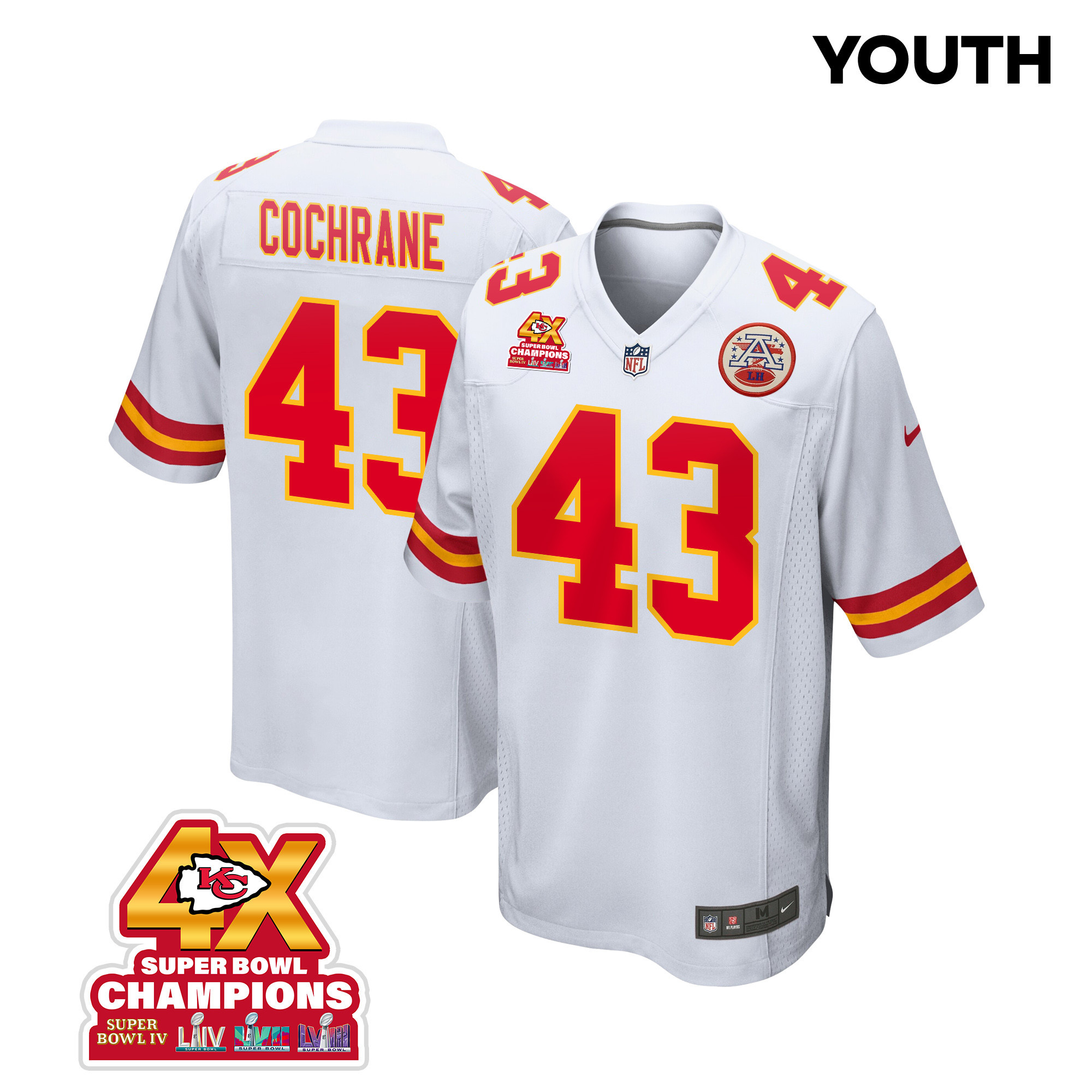 Jack Cochrane 43 Kansas City Chiefs Super Bowl LVIII Champions 4X Game YOUTH Jersey - White JS7508 Saliibo