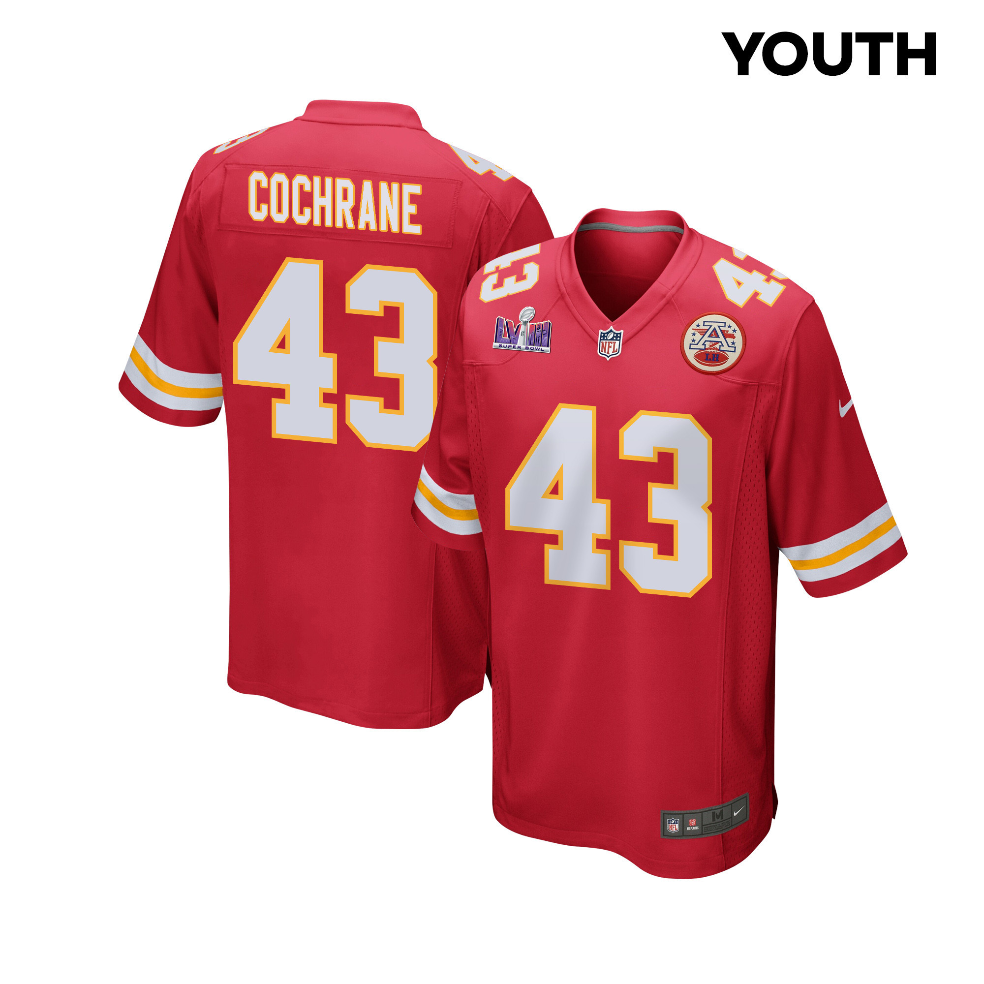 Jack Cochrane 43 Kansas City Chiefs Super Bowl LVIII Patch Game YOUTH Jersey - Red JS2497 Saliibo