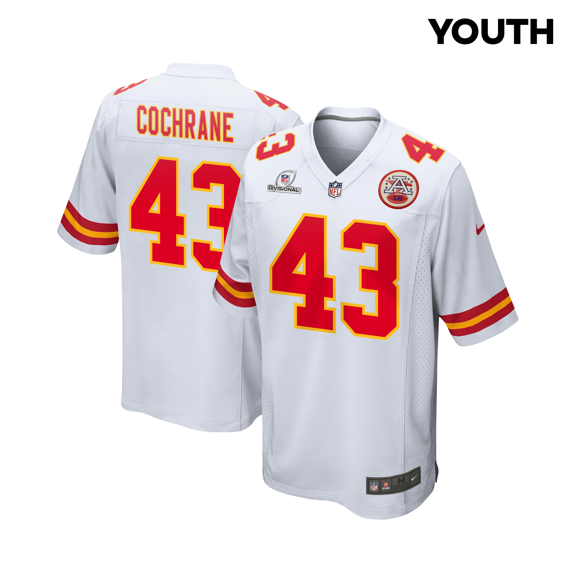 Jack Cochrane 43 Kansas City Chiefs Super Bowl LVIII Patch Game YOUTH Jersey - White JS3429 Saliibo