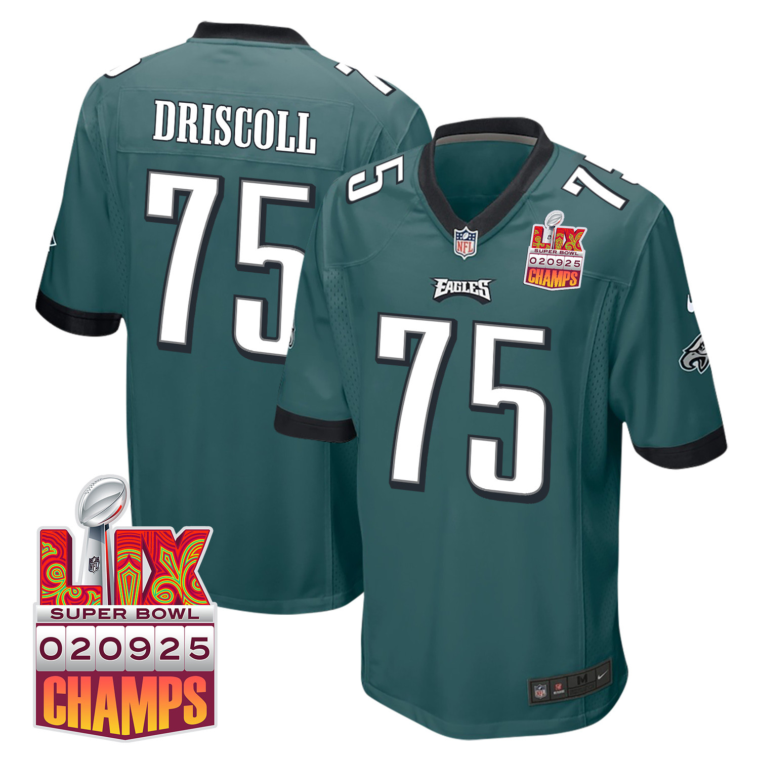 Jack Driscoll 75 Philadelphia Eagles Super Bowl LIX Champions Patch Game Men Jersey - Midnight Green JS4880 Saliibo