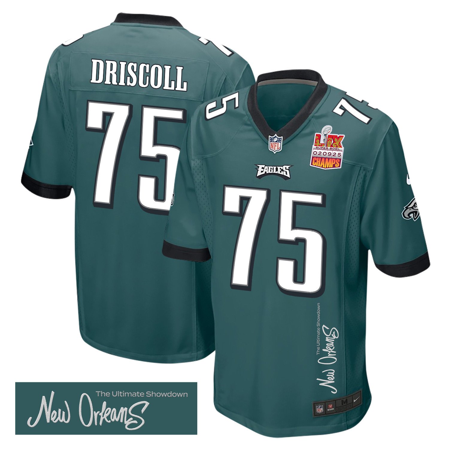 Jack Driscoll 75 Philadelphia Eagles Super Bowl LIX Champions Patch 'New Orleans - The Ultimate Showdown' EMBROIDERED Game Men Jersey - Midnight Green JS3424 Saliibo