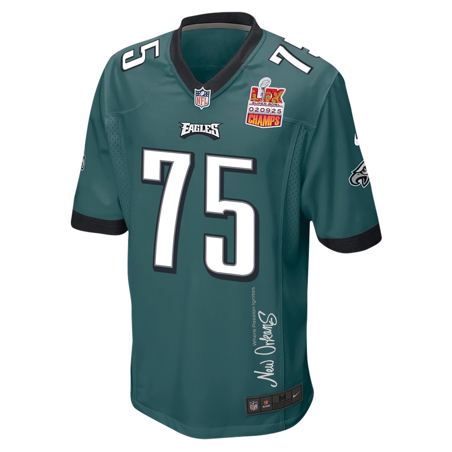 Jack Driscoll 75 Philadelphia Eagles Super Bowl LIX Champions Patch 'New Orleans - Where Passion Ignites' EMBROIDERED Game Men Jersey - Midnight Green JS9436 Saliibo - Image 3