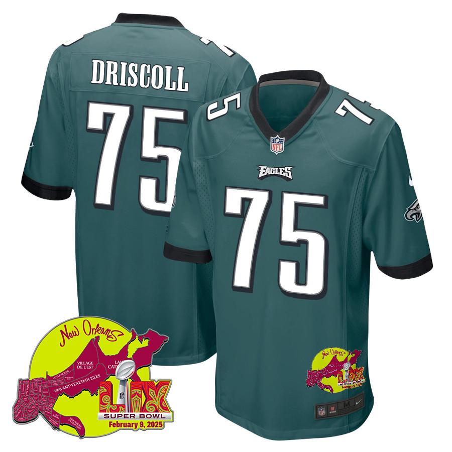Jack Driscoll 75 Philadelphia Eagles Super Bowl LIX New Orleans Patch Game Men Jersey - Midnight Green JS7591 Saliibo