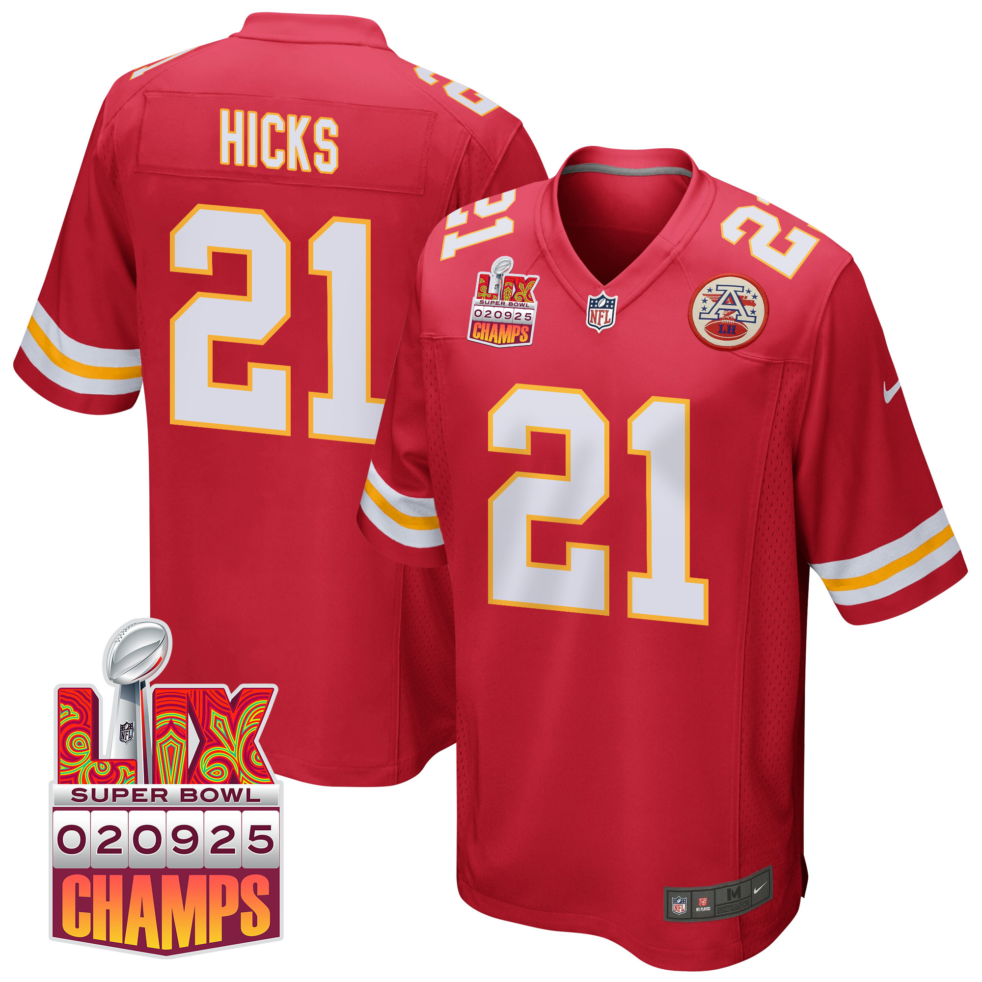 Jaden Hicks 21 Kansas City Chiefs Super Bowl LIX Champions Patch Game Men Jersey - Red JS9988 Saliibo
