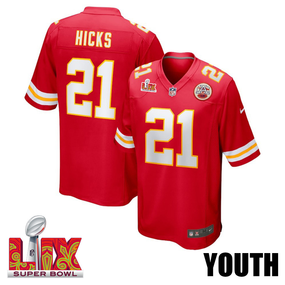 Jaden Hicks #21 Kansas City Chiefs Super Bowl LIX YOUTH Jersey - Red JS6772 Saliibo