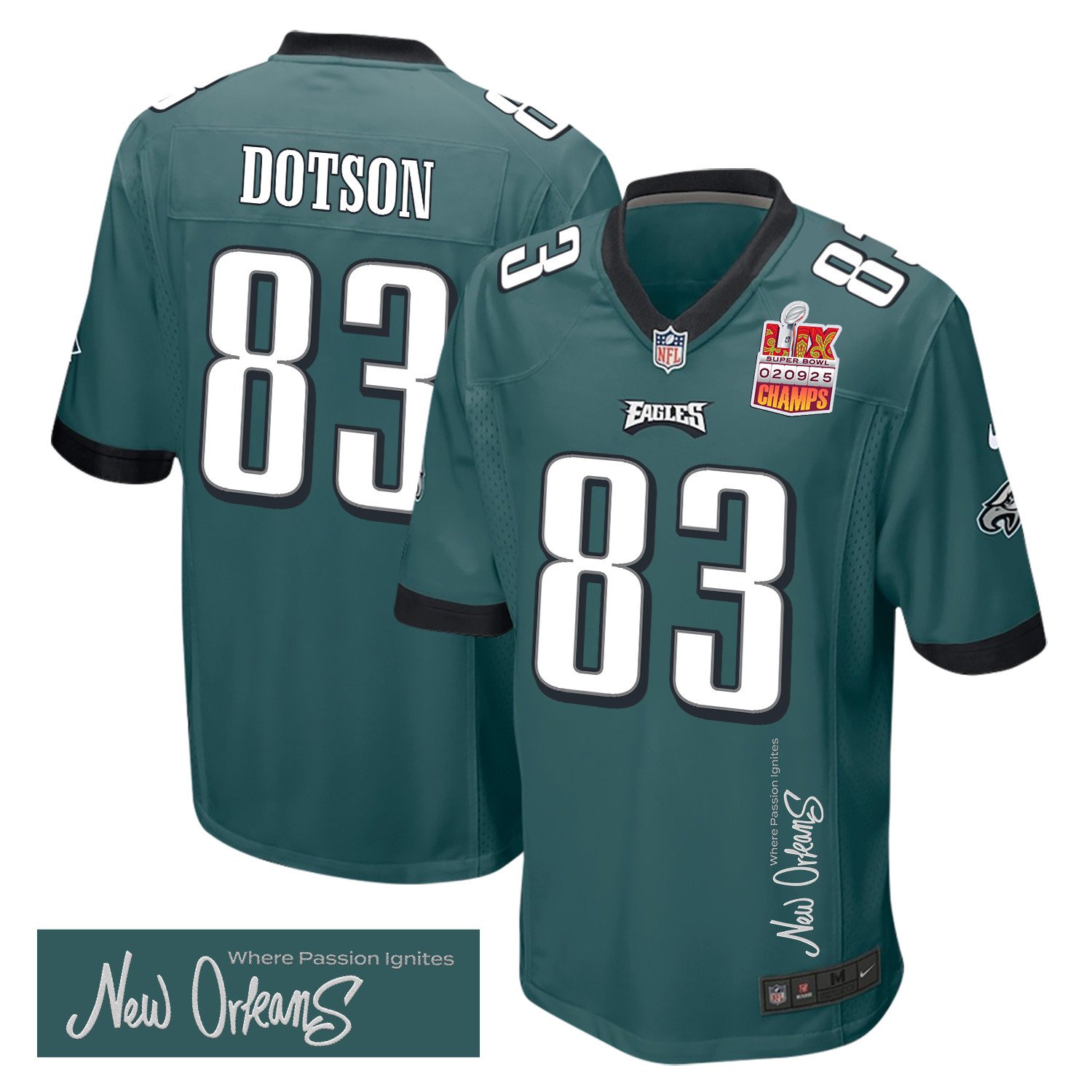 Jahan Dotson 83 Philadelphia Eagles Super Bowl LIX Champions Patch 'New Orleans - Where Passion Ignites' EMBROIDERED Game Men Jersey - Midnight Green JS5459 Saliibo
