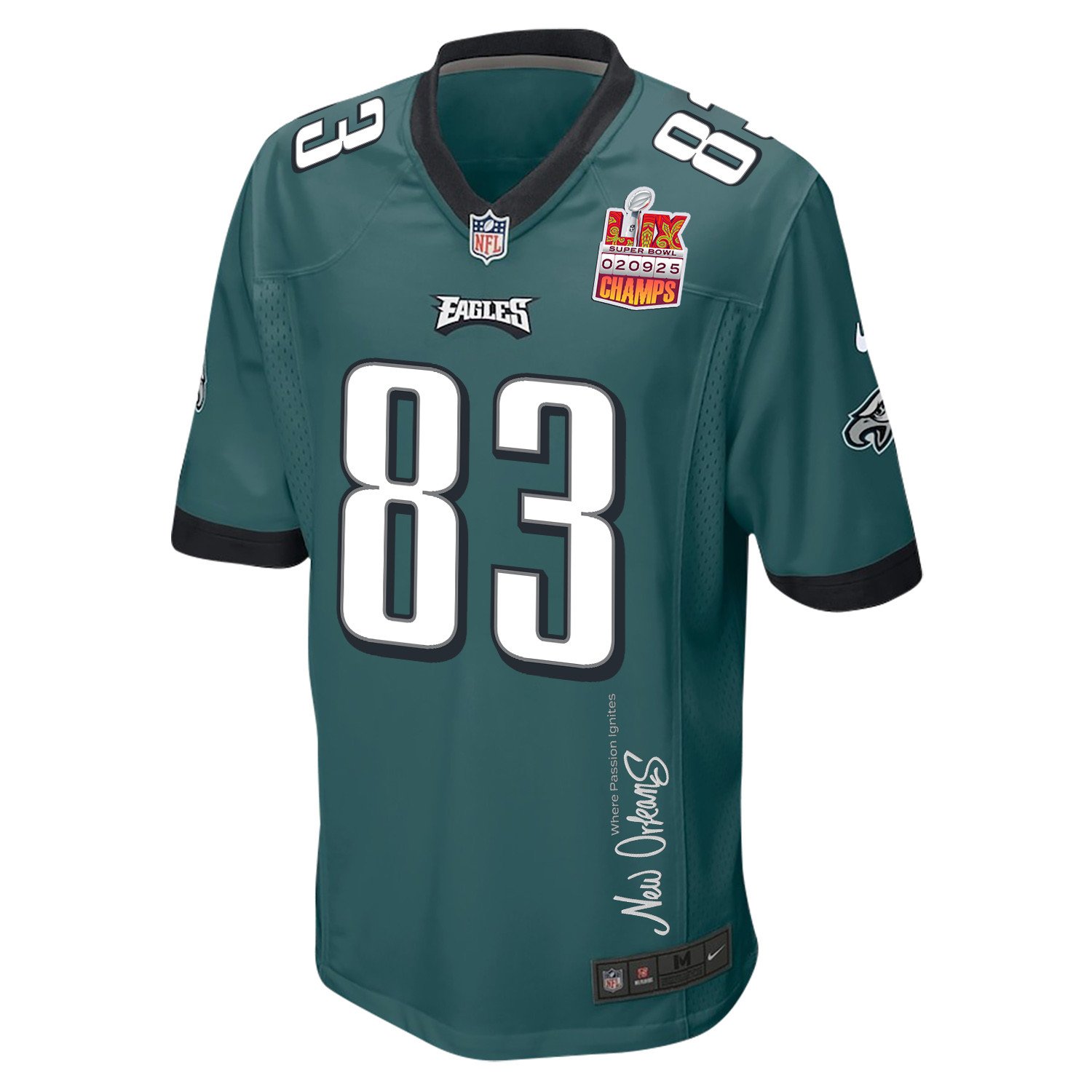 Jahan Dotson 83 Philadelphia Eagles Super Bowl LIX Champions Patch 'New Orleans - Where Passion Ignites' EMBROIDERED Game Men Jersey - Midnight Green JS5459 Saliibo - Image 3