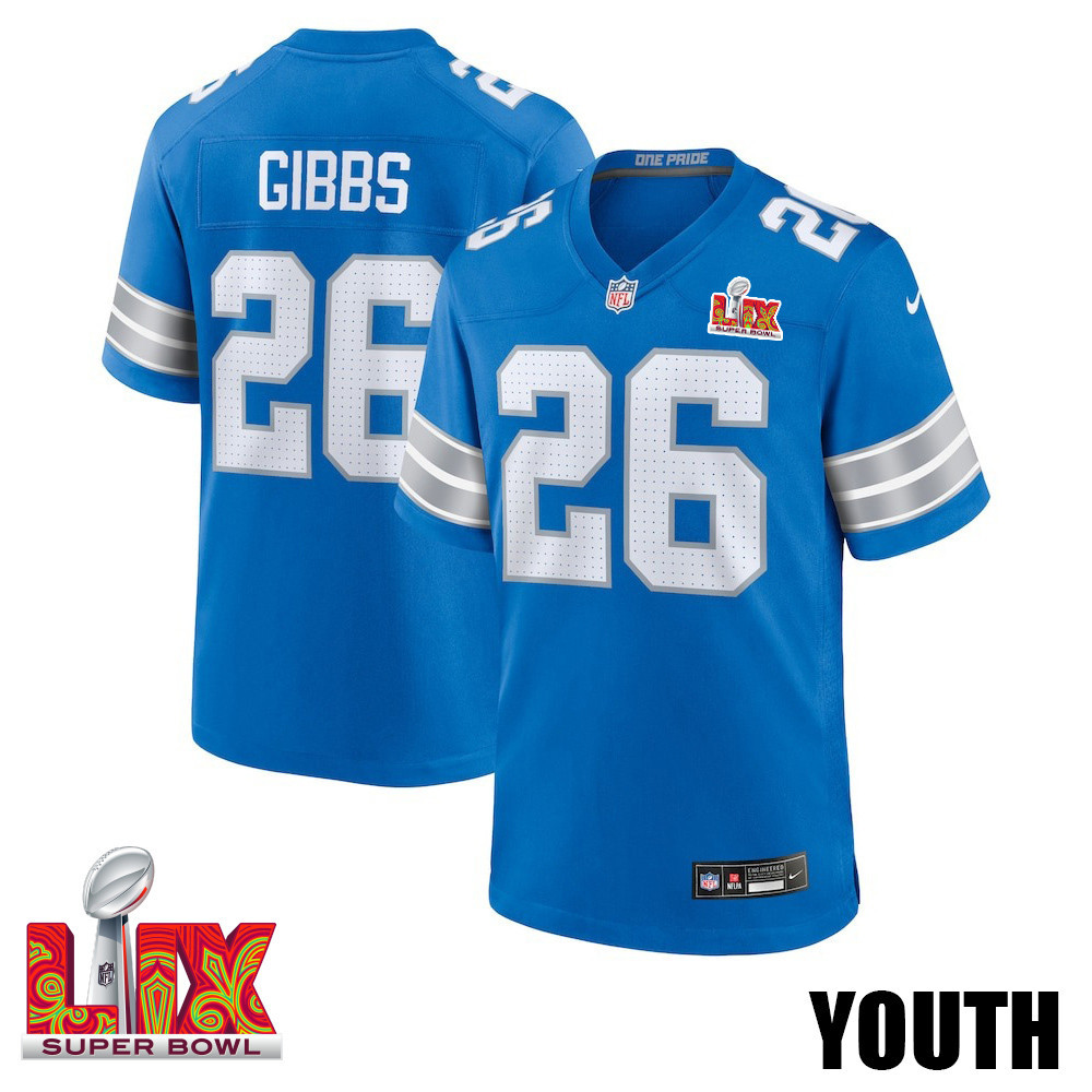 Jahmyr Gibbs #26 Detroit Lions Super Bowl LIX YOUTH Jersey - Blue JS8606 Saliibo