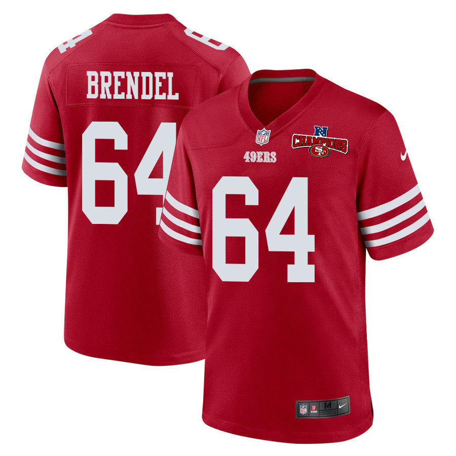 Jake Brendel 64 San Francisco 49ers NFC Champions Patch Game Men Jersey - Scarlet JS5948 Saliibo