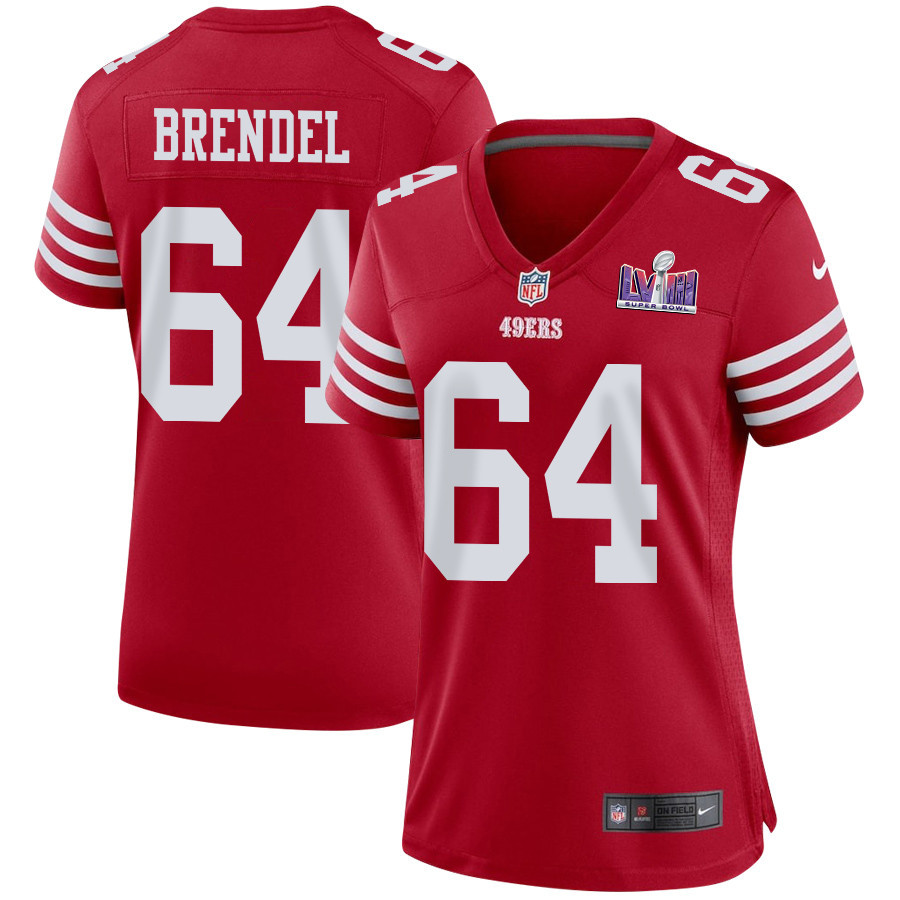 Jake Brendel 64 San Francisco 49ers Super Bowl LVIII Patch Game Women Jersey - Scarlet JS3338 Saliibo