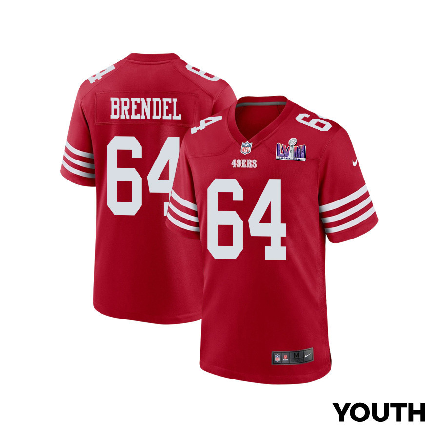 Jake Brendel 64 San Francisco 49ers Super Bowl LVIII Patch Game YOUTH Jersey - Scarlet JS1419 Saliibo