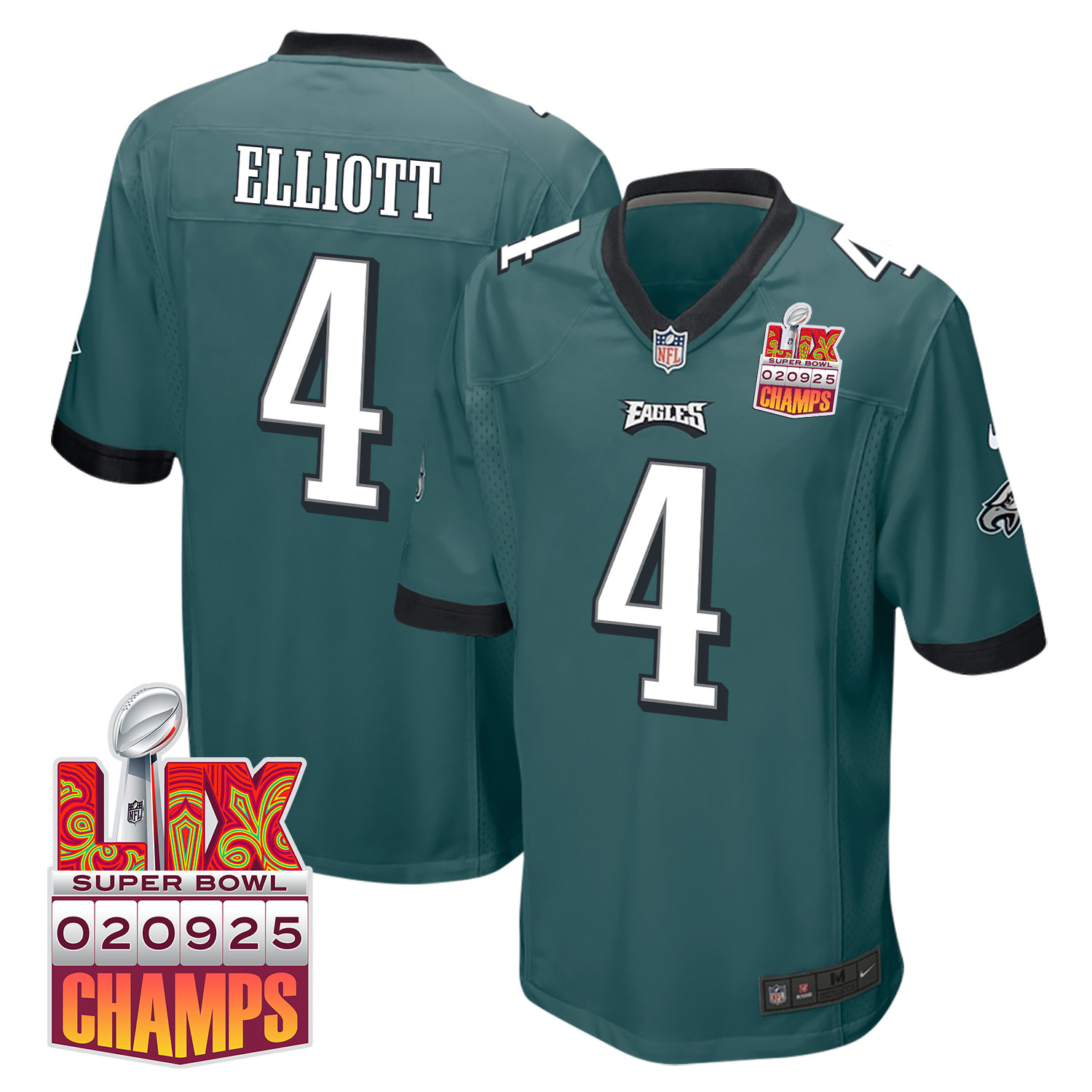 Jake Elliott 4 Philadelphia Eagles Super Bowl LIX Champions Patch Game Men Jersey - Midnight Green JS9549 Saliibo