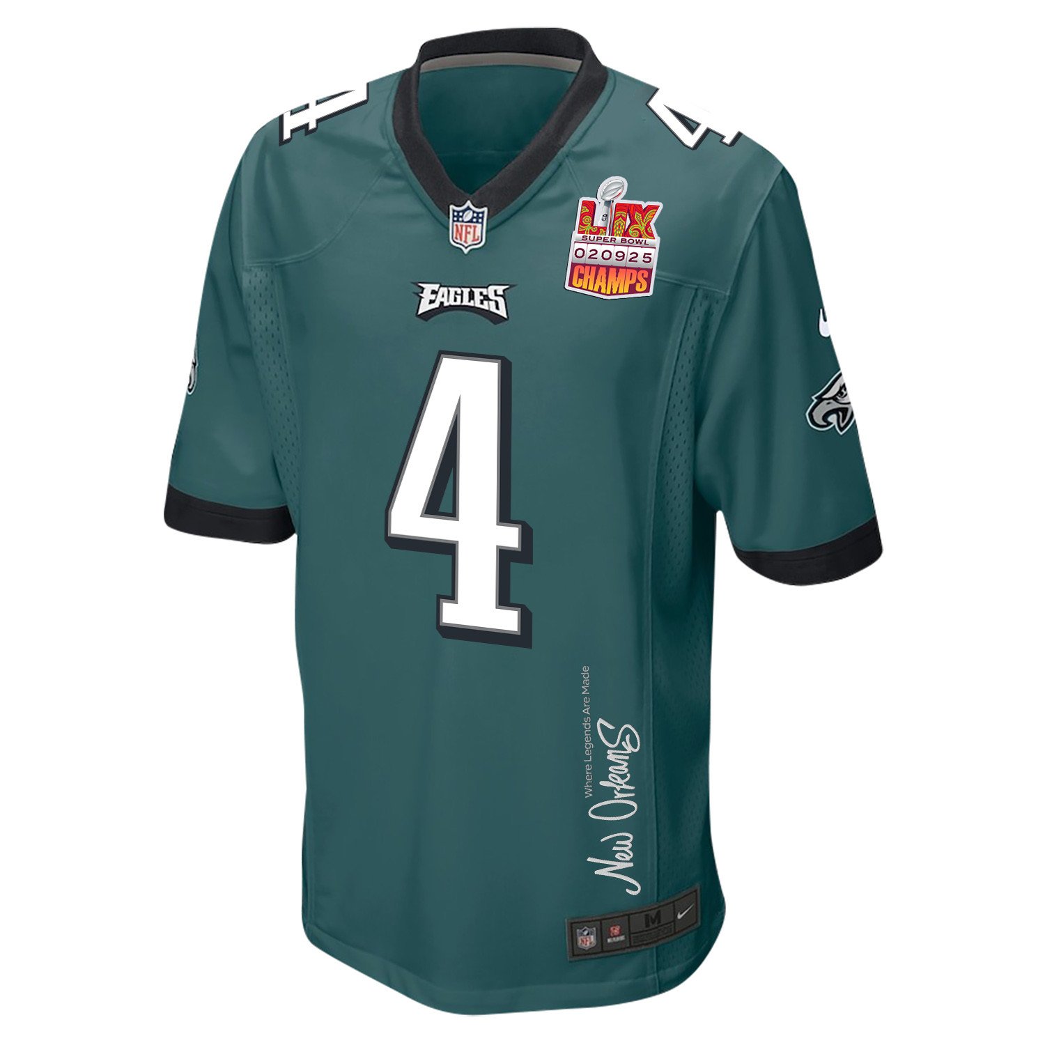 Jake Elliott 4 Philadelphia Eagles Super Bowl LIX Champions Patch 'New Orleans - Where Legends Are Made' EMBROIDERED Game Men Jersey - Midnight Green JS7503 Saliibo - Image 3