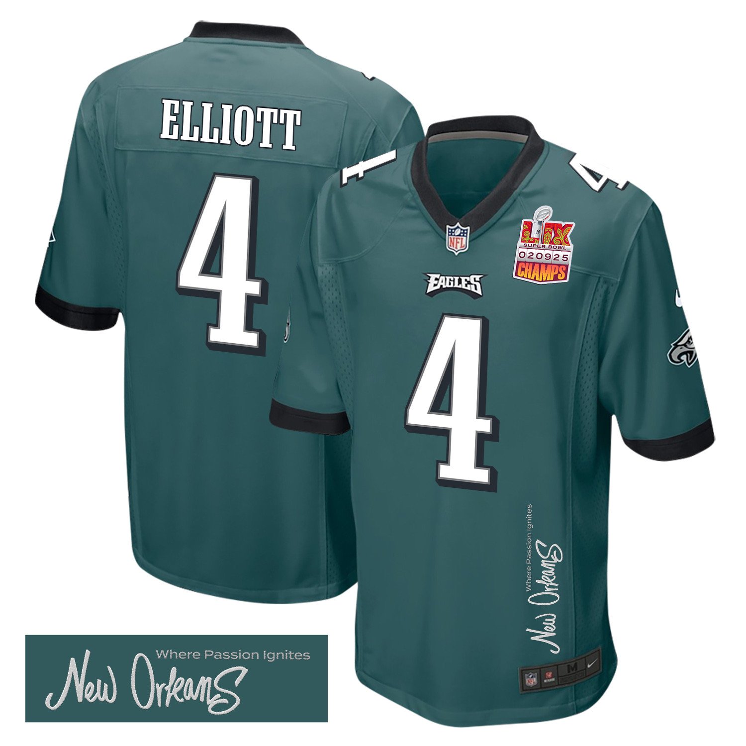 Jake Elliott 4 Philadelphia Eagles Super Bowl LIX Champions Patch 'New Orleans - Where Passion Ignites' EMBROIDERED Game Men Jersey - Midnight Green JS2120 Saliibo