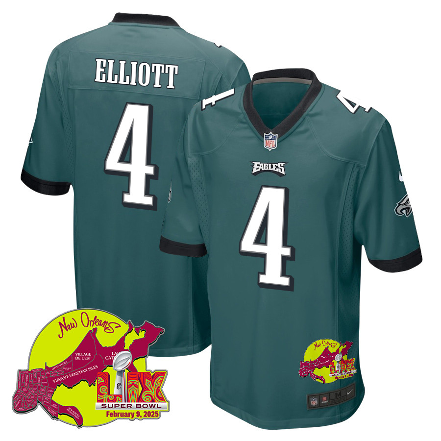 Jake Elliott 4 Philadelphia Eagles Super Bowl LIX New Orleans Patch Game Men Jersey - Midnight Green JS1319 Saliibo