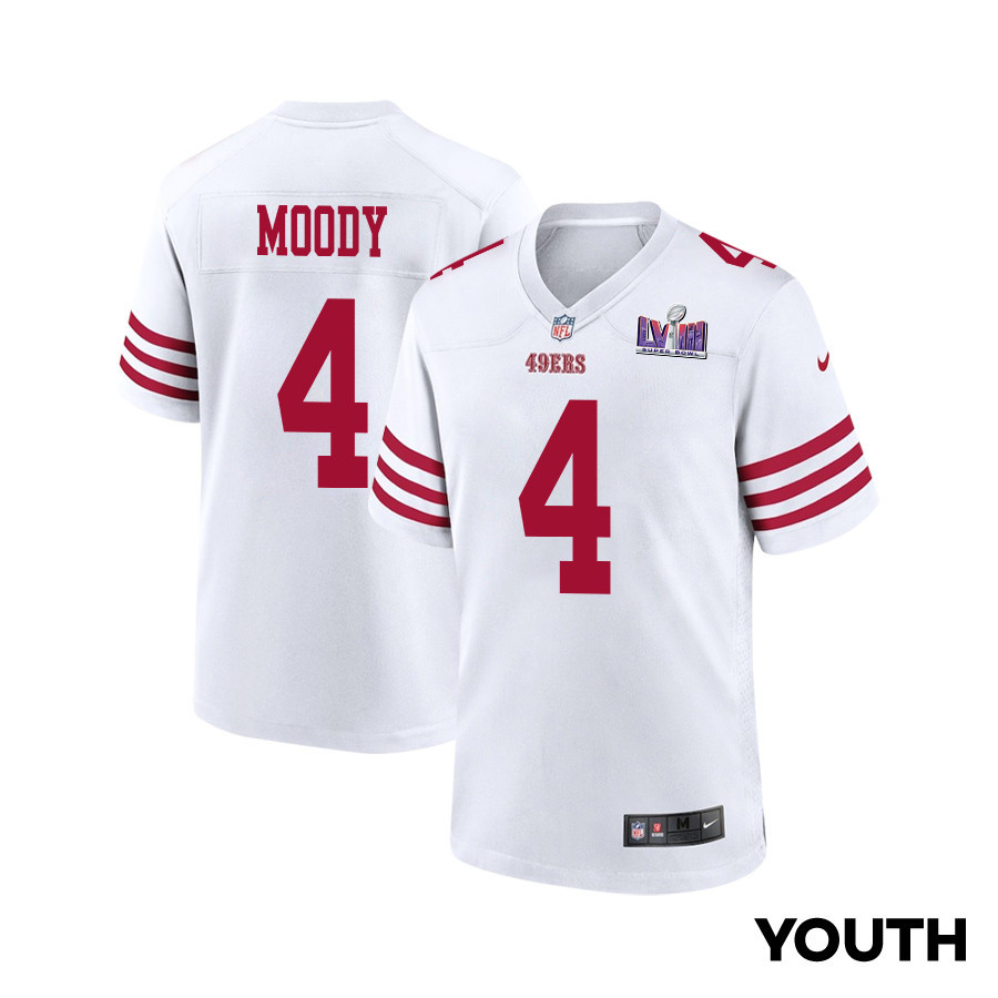 Jake Moody 4 San Francisco 49ers Super Bowl LVIII Patch Game YOUTH Jersey - White JS2692 Saliibo