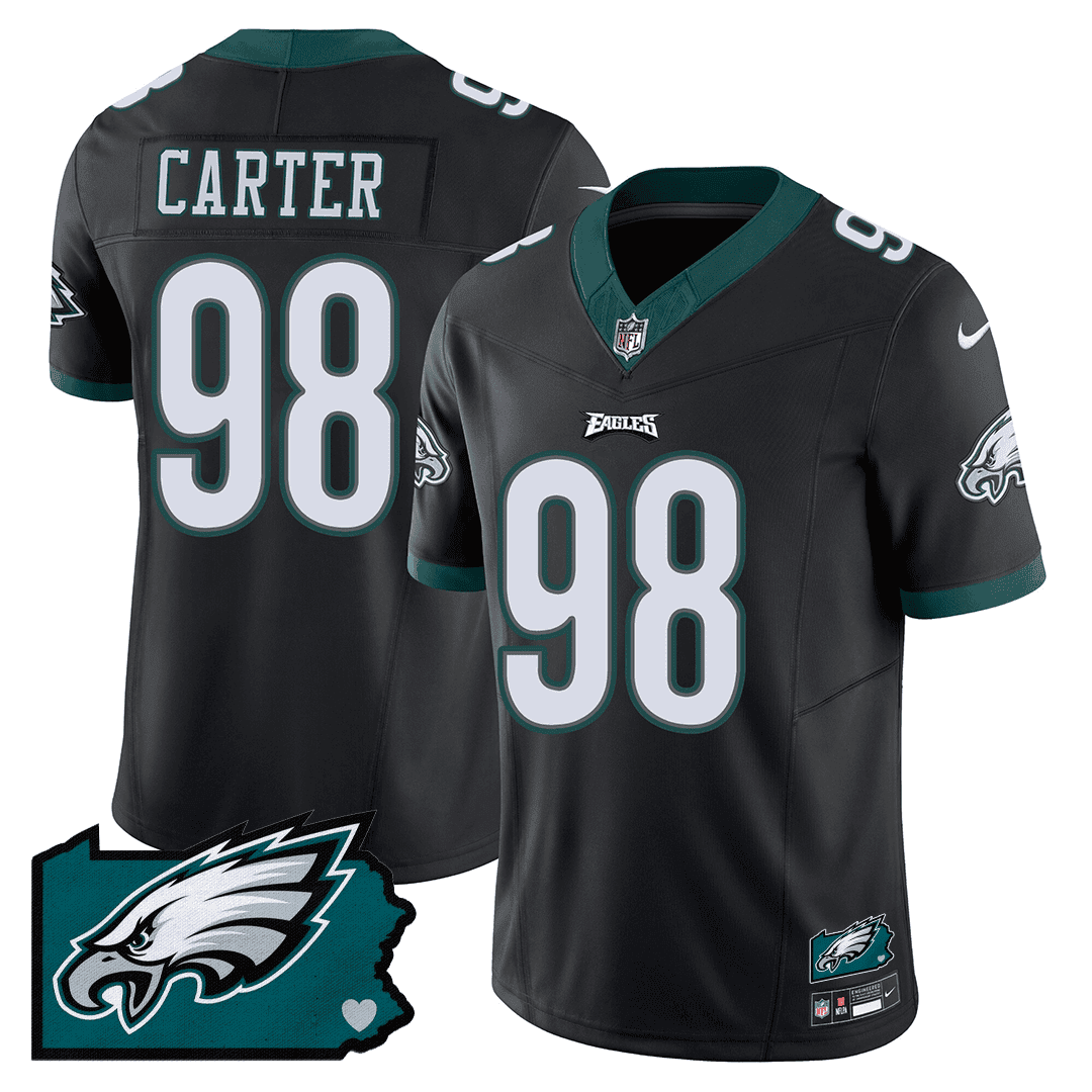 Jalen Carter 98 Philadelphia Eagles Pennsylvania State Map Patch Game Men Jersey - Black JS5161 Saliibo
