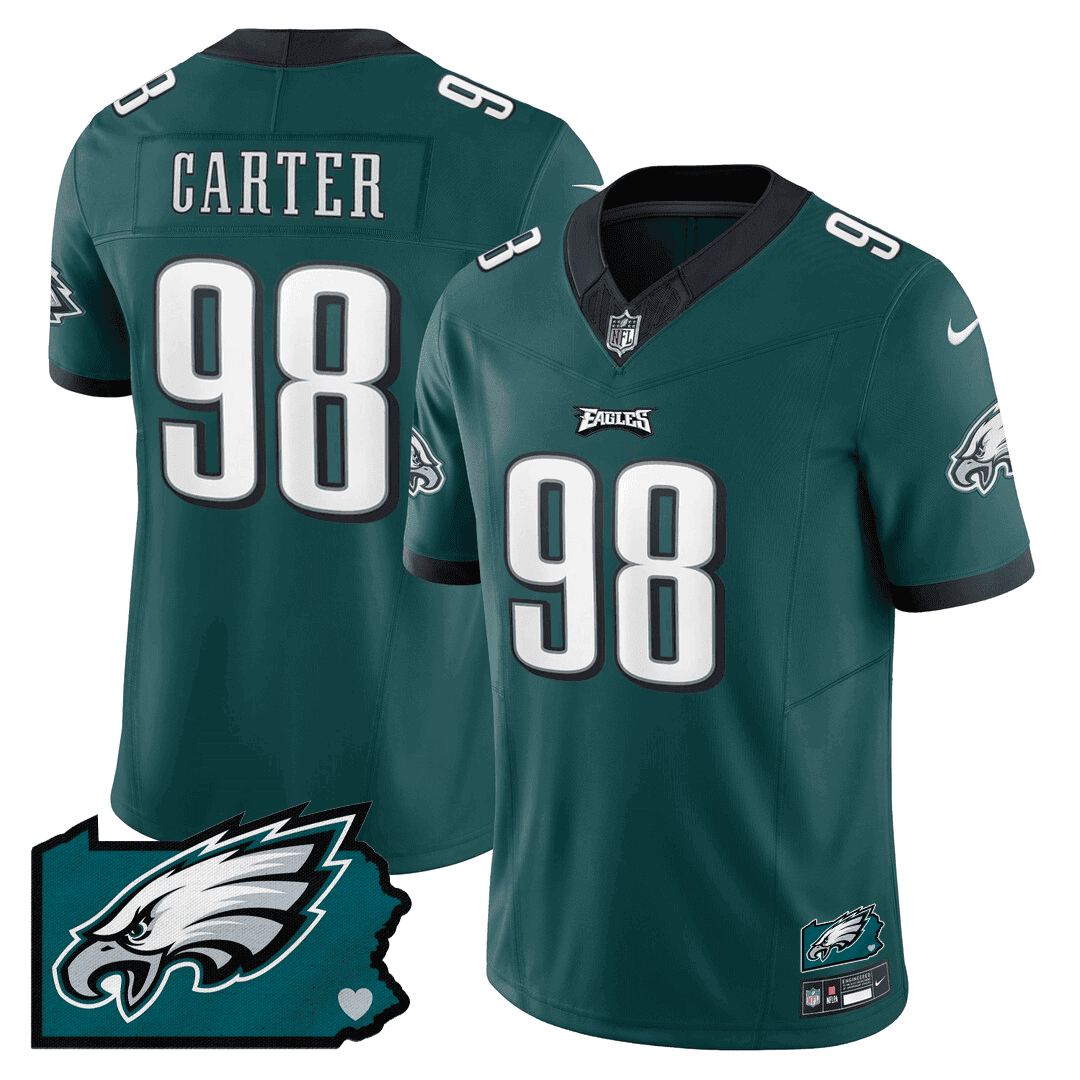 Jalen Carter 98 Philadelphia Eagles Pennsylvania State Map Patch Game Men Jersey - Midnight Green JS9671 Saliibo