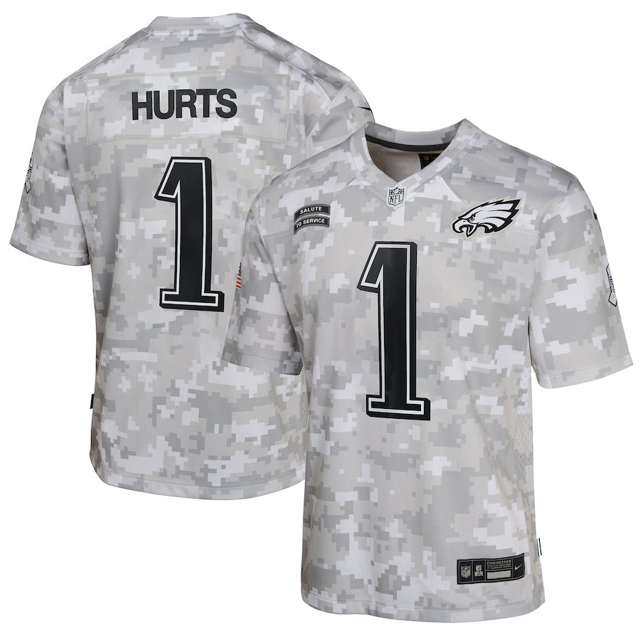 Jalen Hurts 1 Philadelphia Eagles 2024 Salute to Service Game YOUTH Jersey - Arctic Camo JS6566 Saliibo