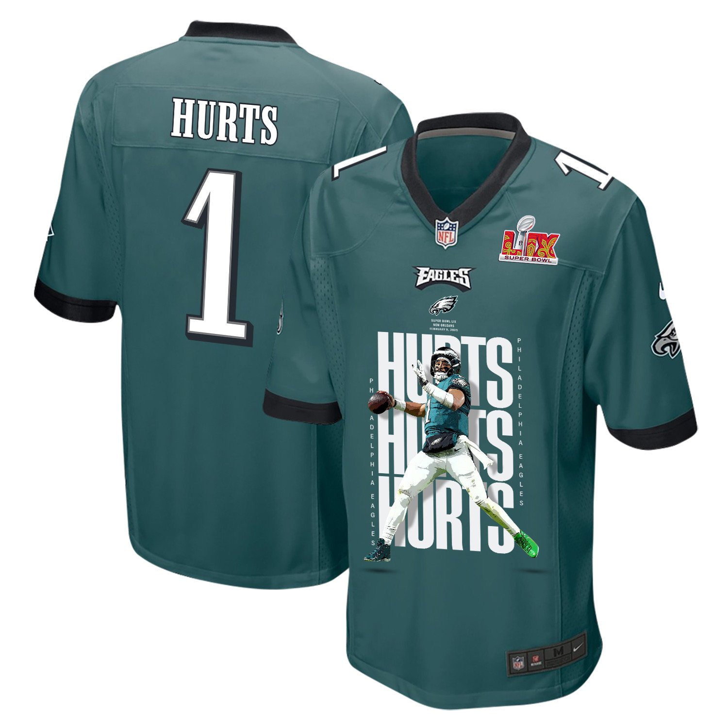 Jalen Hurts 1 Philadelphia Eagles 'Go Directly to Jalen' Game Men Jersey - Midnight Green JS8781 Saliibo