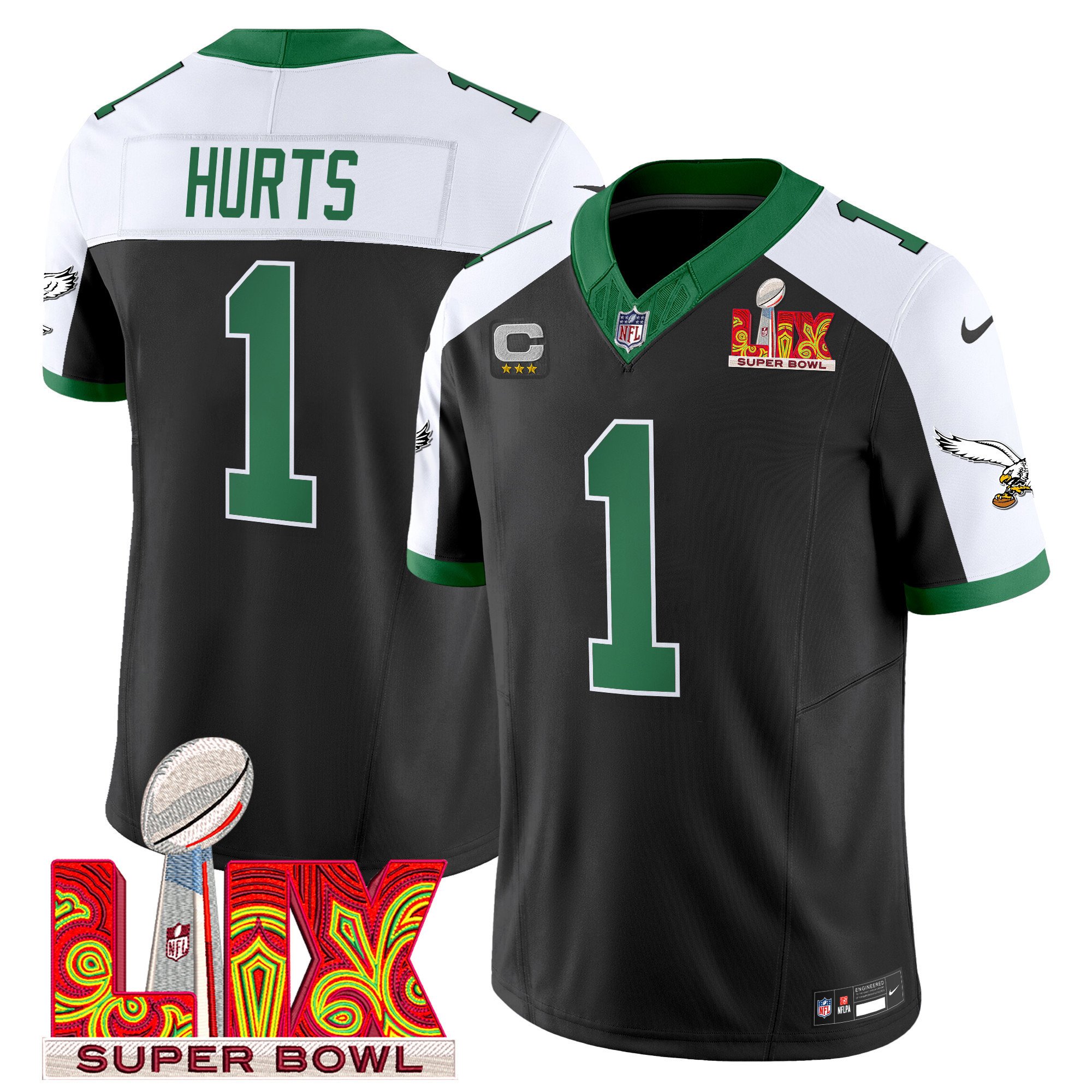 Jalen Hurts 1 Philadelphia Eagles Kelly Green Super Bowl Champions LIX Patch Vapor Limited Jersey - Black Alternate JS5850 Saliibo