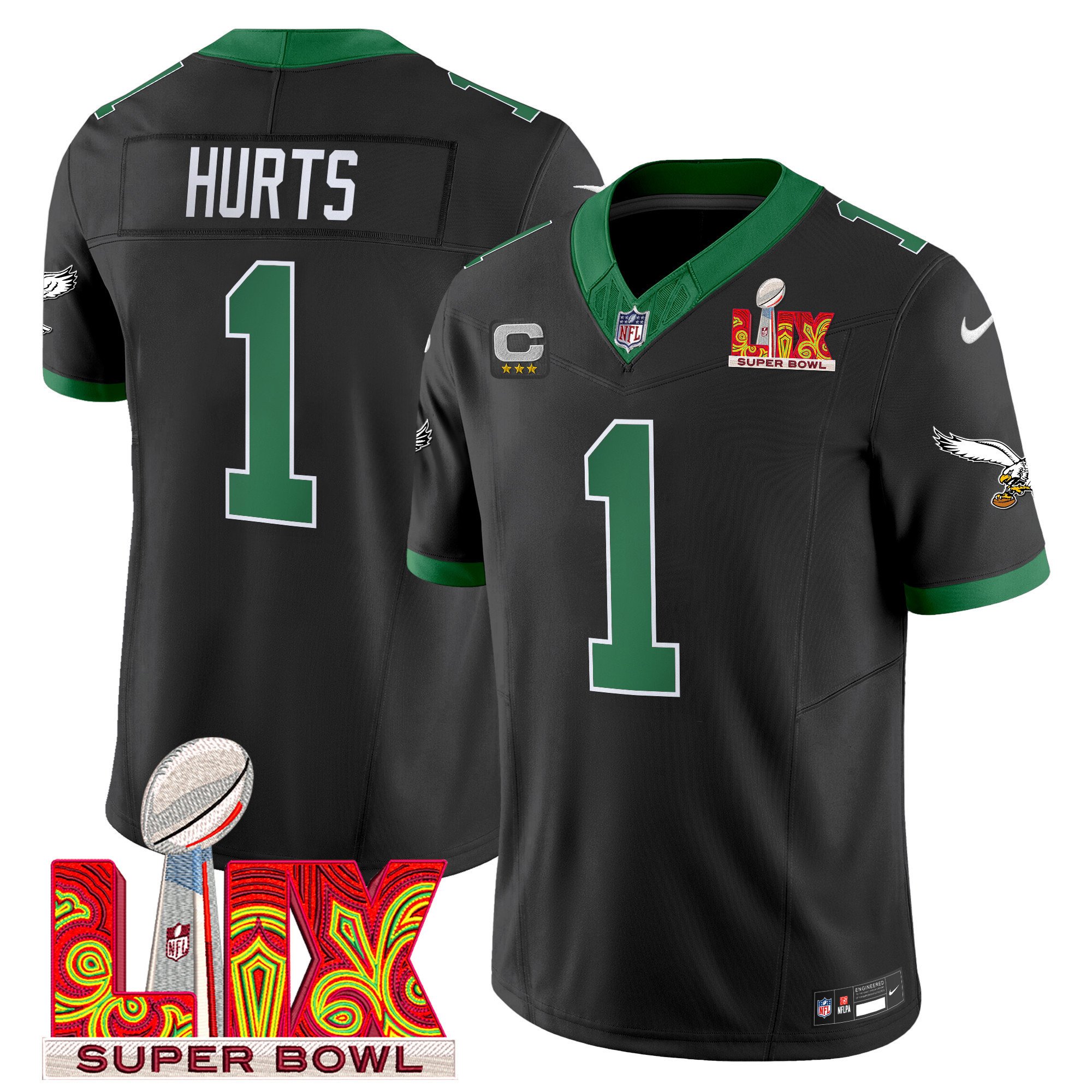 Jalen Hurts 1 Philadelphia Eagles Kelly Green Super Bowl Champions LIX Patch Vapor Limited Jersey - Black JS1963 Saliibo