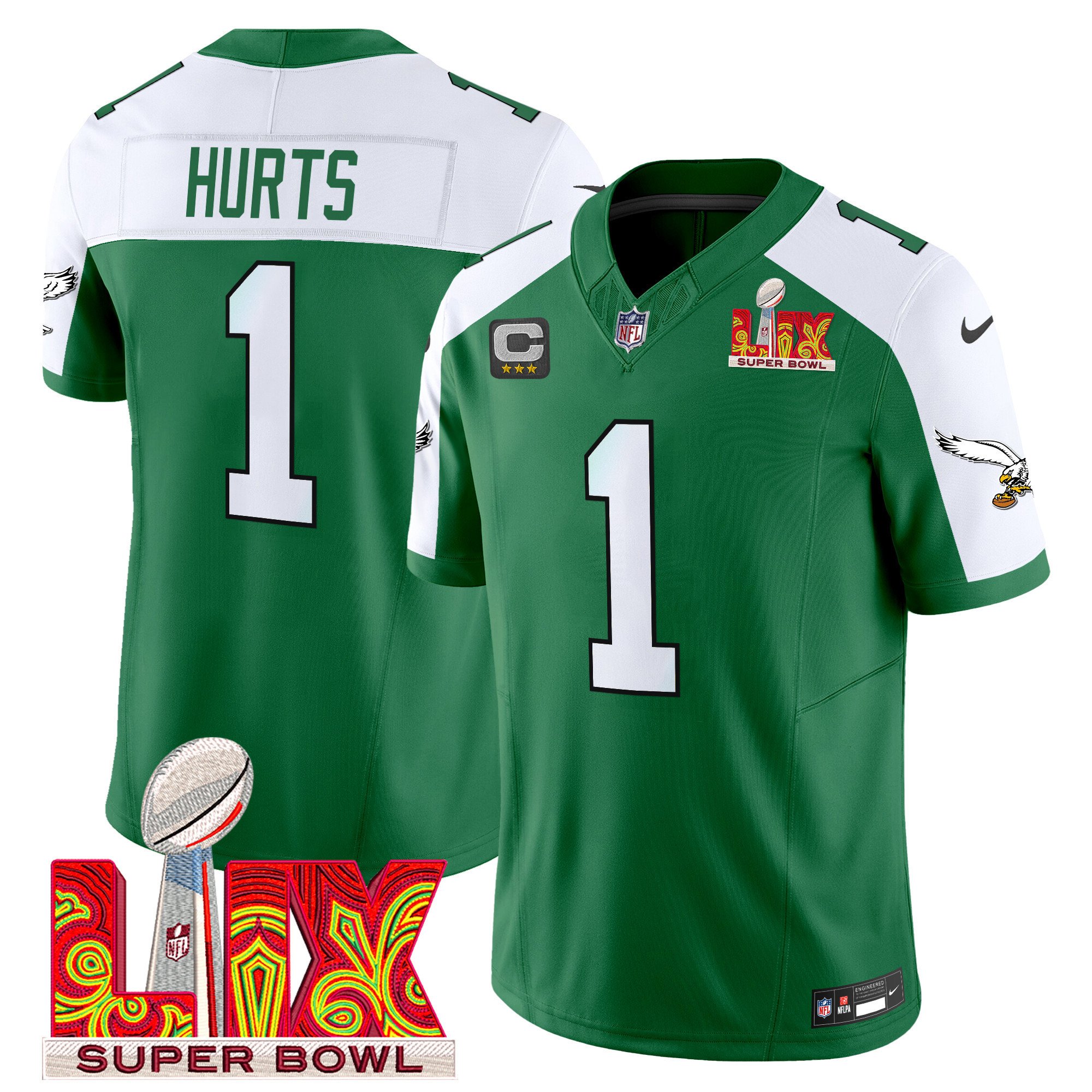 Jalen Hurts 1 Philadelphia Eagles Kelly Green Super Bowl Champions LIX Patch Vapor Limited Jersey - Kelly Alternate JS3152 Saliibo