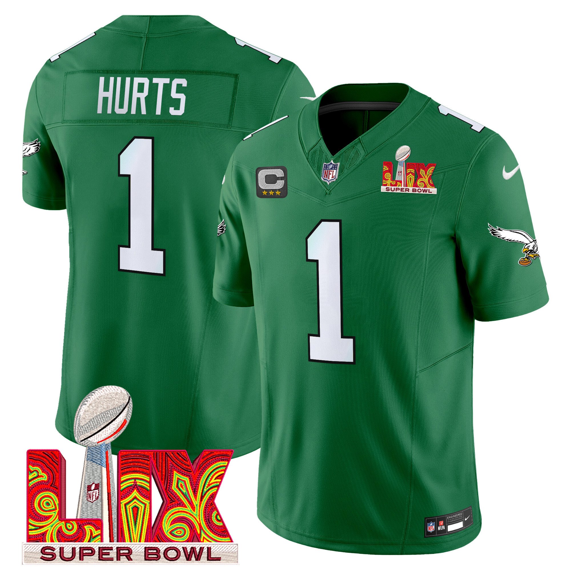 Jalen Hurts 1 Philadelphia Eagles Kelly Green Super Bowl Champions LIX Patch Vapor Limited Jersey - Kelly Green JS8026 Saliibo