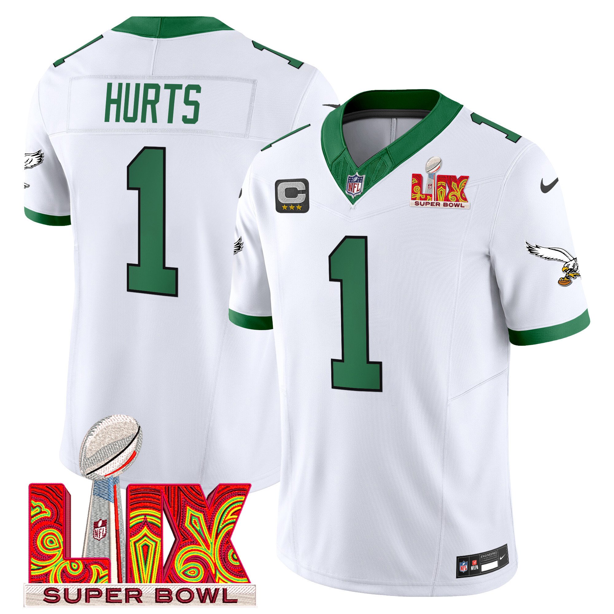 Jalen Hurts 1 Philadelphia Eagles Kelly Green Super Bowl Champions LIX Patch Vapor Limited Jersey - White JS8497 Saliibo