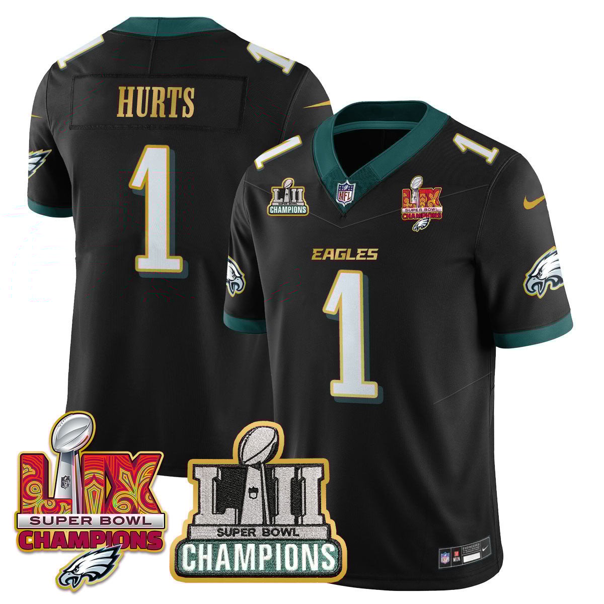 Jalen Hurts 1 Philadelphia Eagles LII-LIX Super Bowl Champions Vapor Limited Gold Jersey - Black JS9132 Saliibo