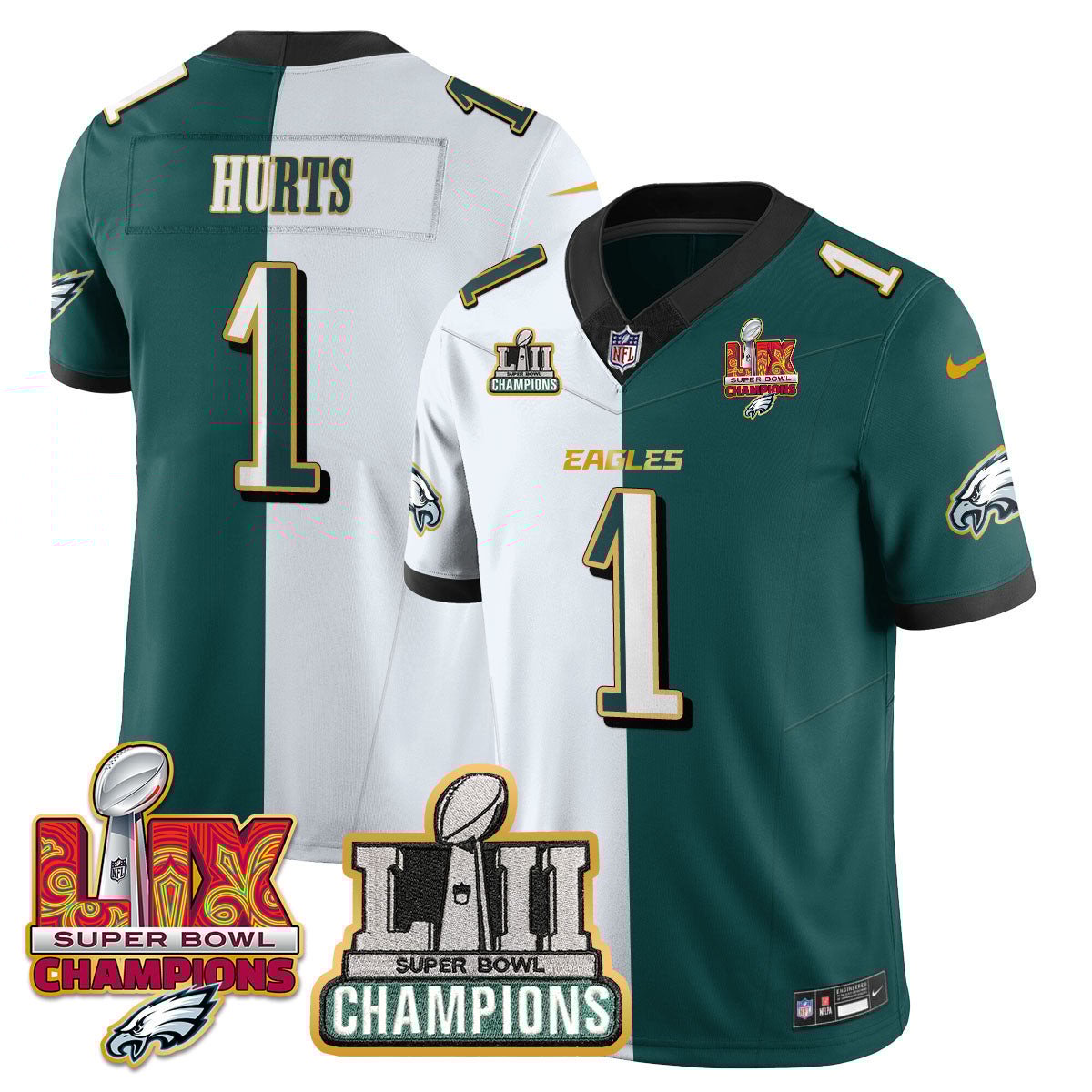 Jalen Hurts 1 Philadelphia Eagles LII-LIX Super Bowl Champions Vapor Limited Gold Jersey - Split JS6960 Saliibo