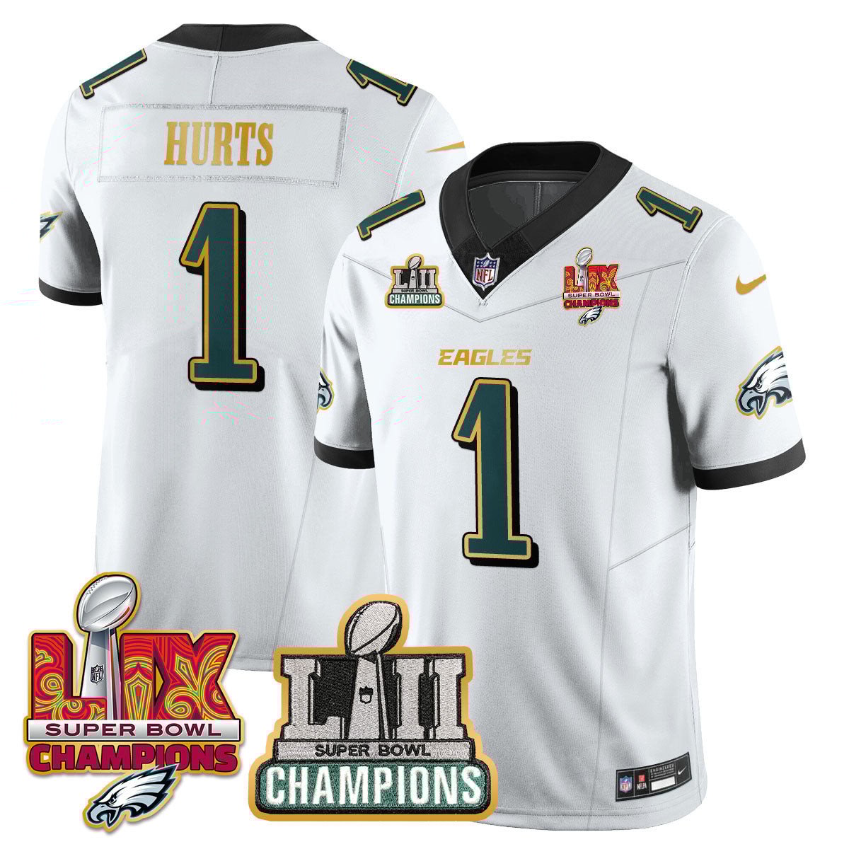 Jalen Hurts 1 Philadelphia Eagles LII-LIX Super Bowl Champions Vapor Limited Gold Jersey - White JS7999 Saliibo