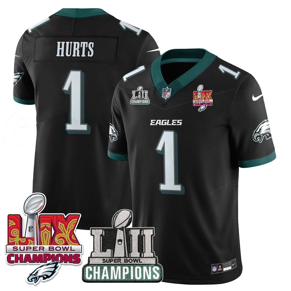 Jalen Hurts 1 Philadelphia Eagles LII-LIX Super Bowl Champions Vapor Limited Jersey - Black JS2270 Saliibo