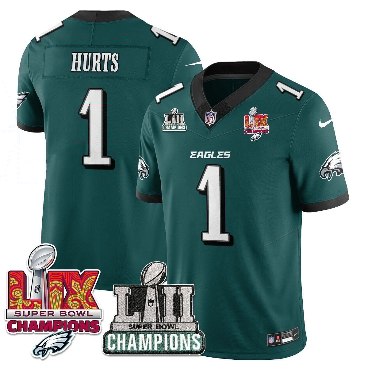 Jalen Hurts 1 Philadelphia Eagles LII-LIX Super Bowl Champions Vapor Limited Jersey - Midnight Green JS9008 Saliibo