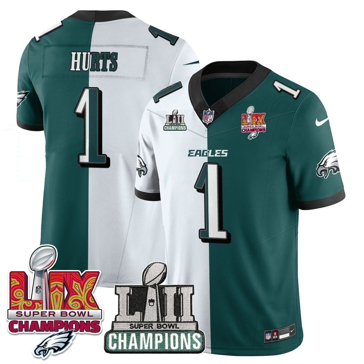 Jalen Hurts 1 Philadelphia Eagles LII-LIX Super Bowl Champions Vapor Limited Jersey - Split JS1347 Saliibo