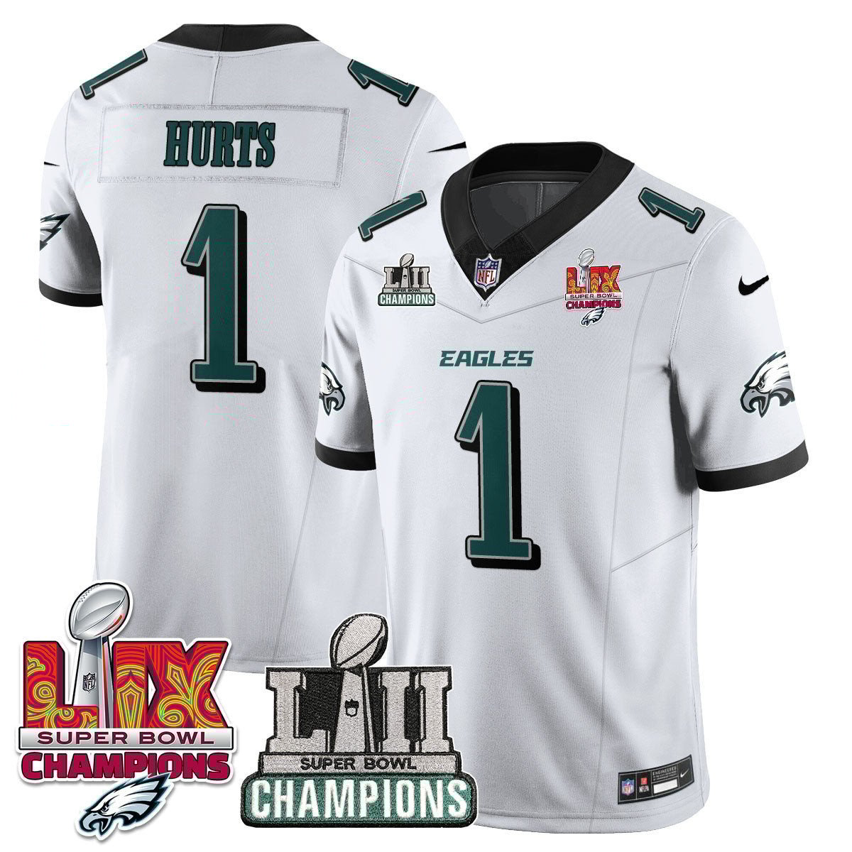Jalen Hurts 1 Philadelphia Eagles LII-LIX Super Bowl Champions Vapor Limited Jersey - White JS5918 Saliibo
