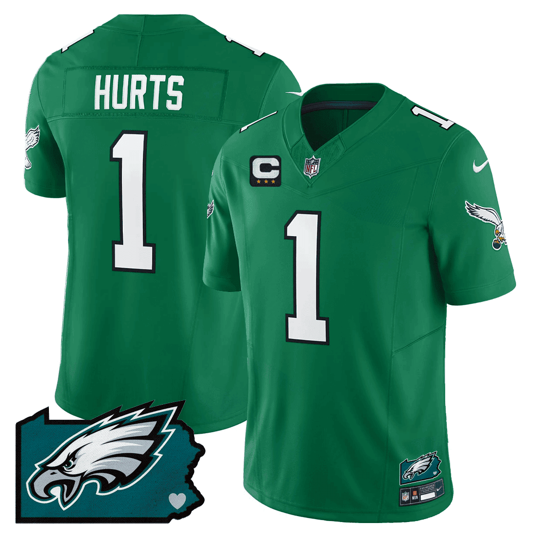 Jalen Hurts 1 Philadelphia Eagles Pennsylvania State Map Patch Alternate Game Men Jersey - Kelly Green JS1514 Saliibo